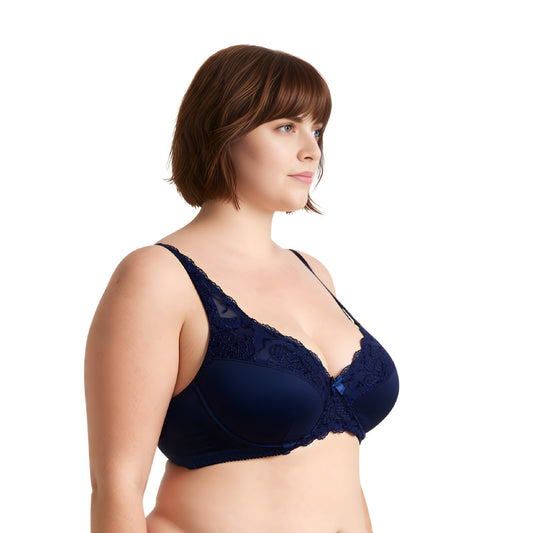 Plus Size Minimizer Underwire Unlined Bra with Embroidery Lace