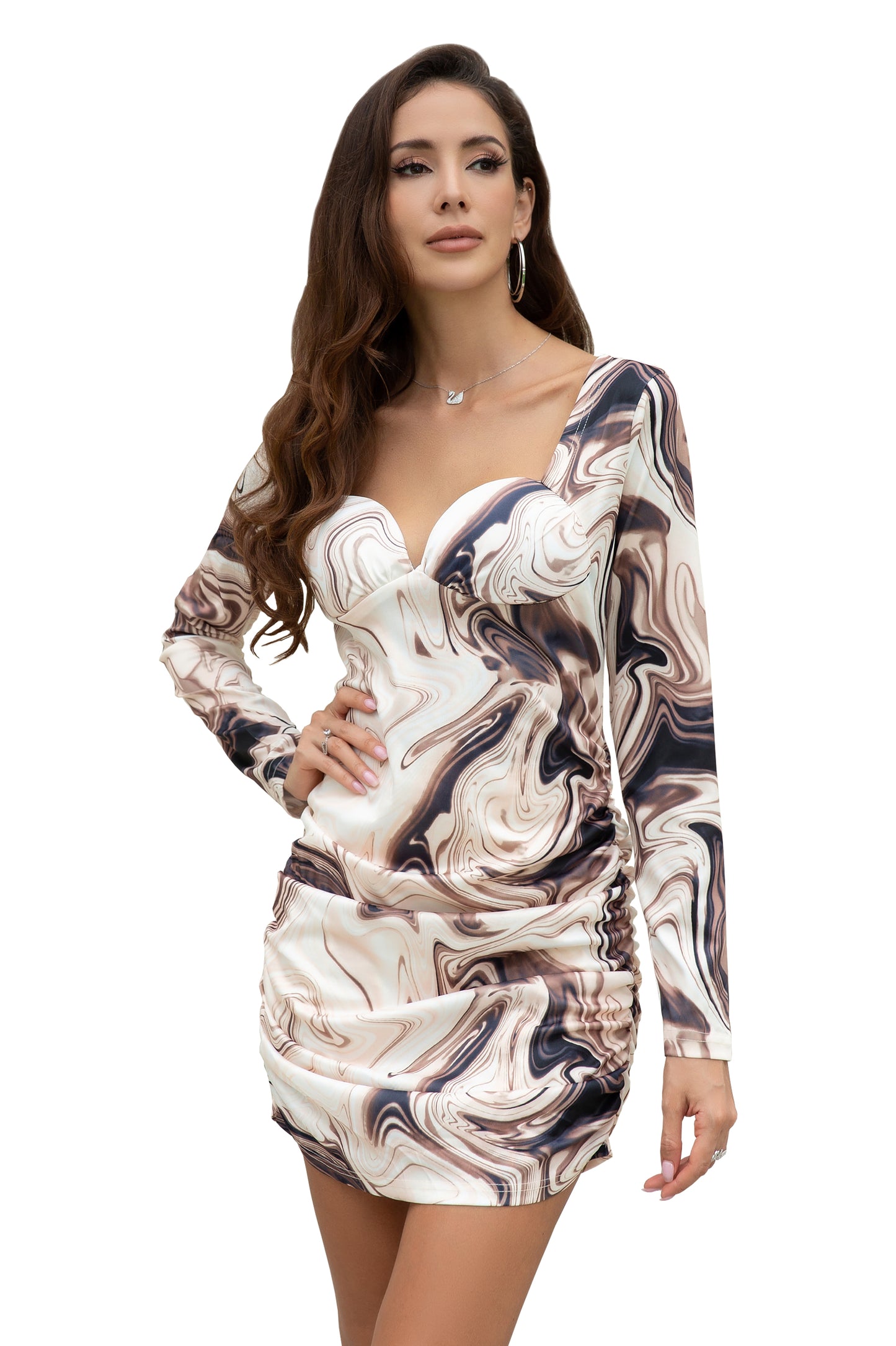 Women's Long Sleeve Sweetheart Neck Ruched Side Cocktail Dress
