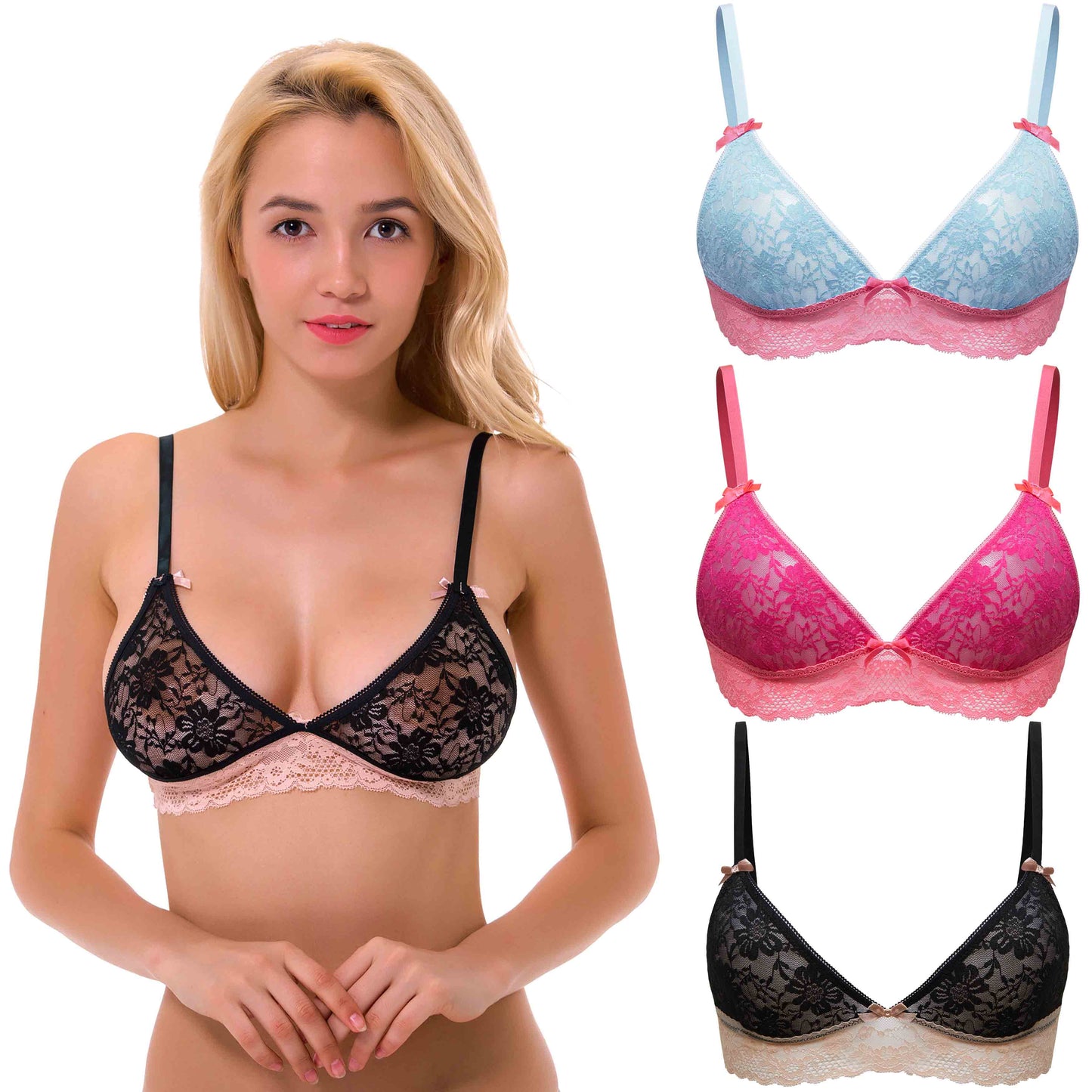 Women's Lace Plunge Unlined Wirefree Bralette with Thin Adjustable Straps Unpadded