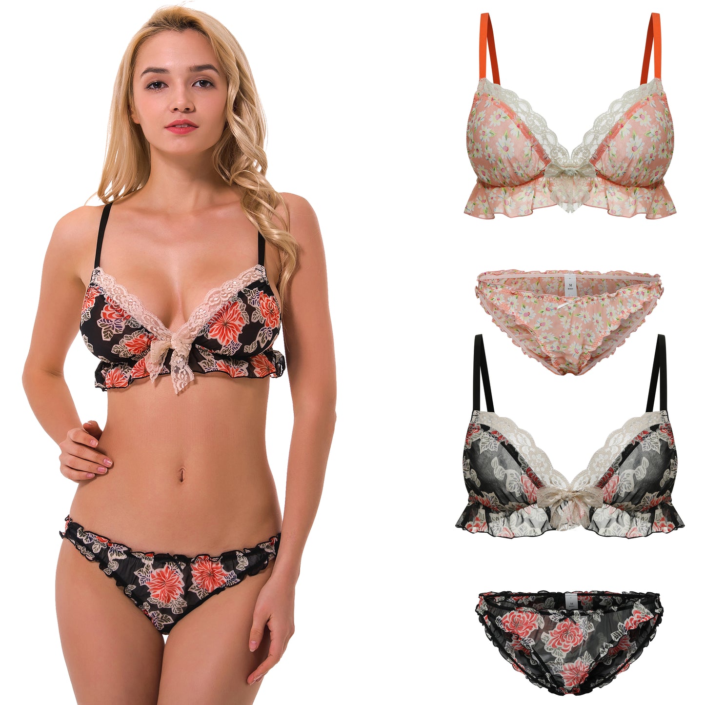 Chiffon Lace Plunge Bralette and Bikini Panty Lingerie Set