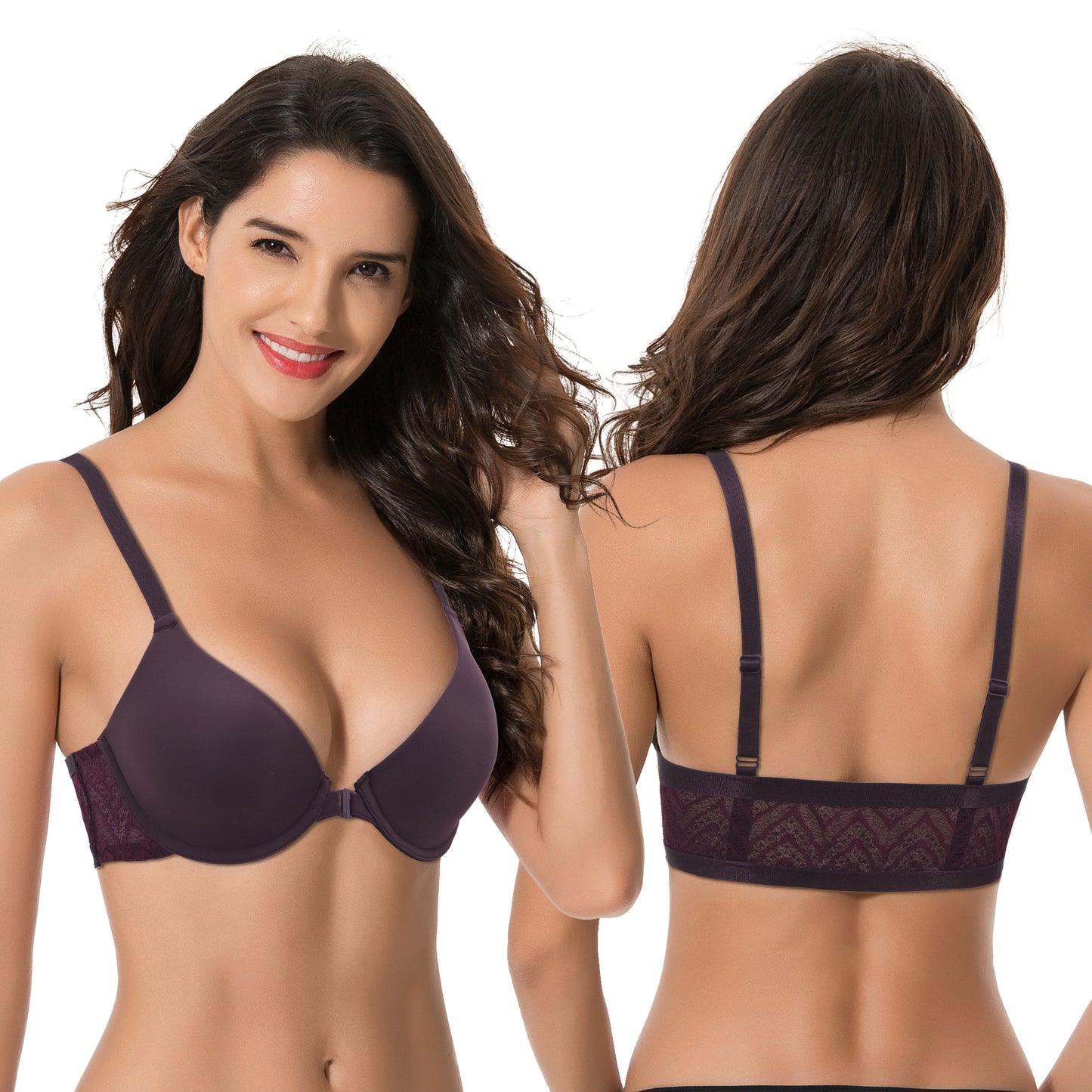 Women's Plus Size Full Coverage Underwire Front Close Bras-2PK-BLACK,PLUM