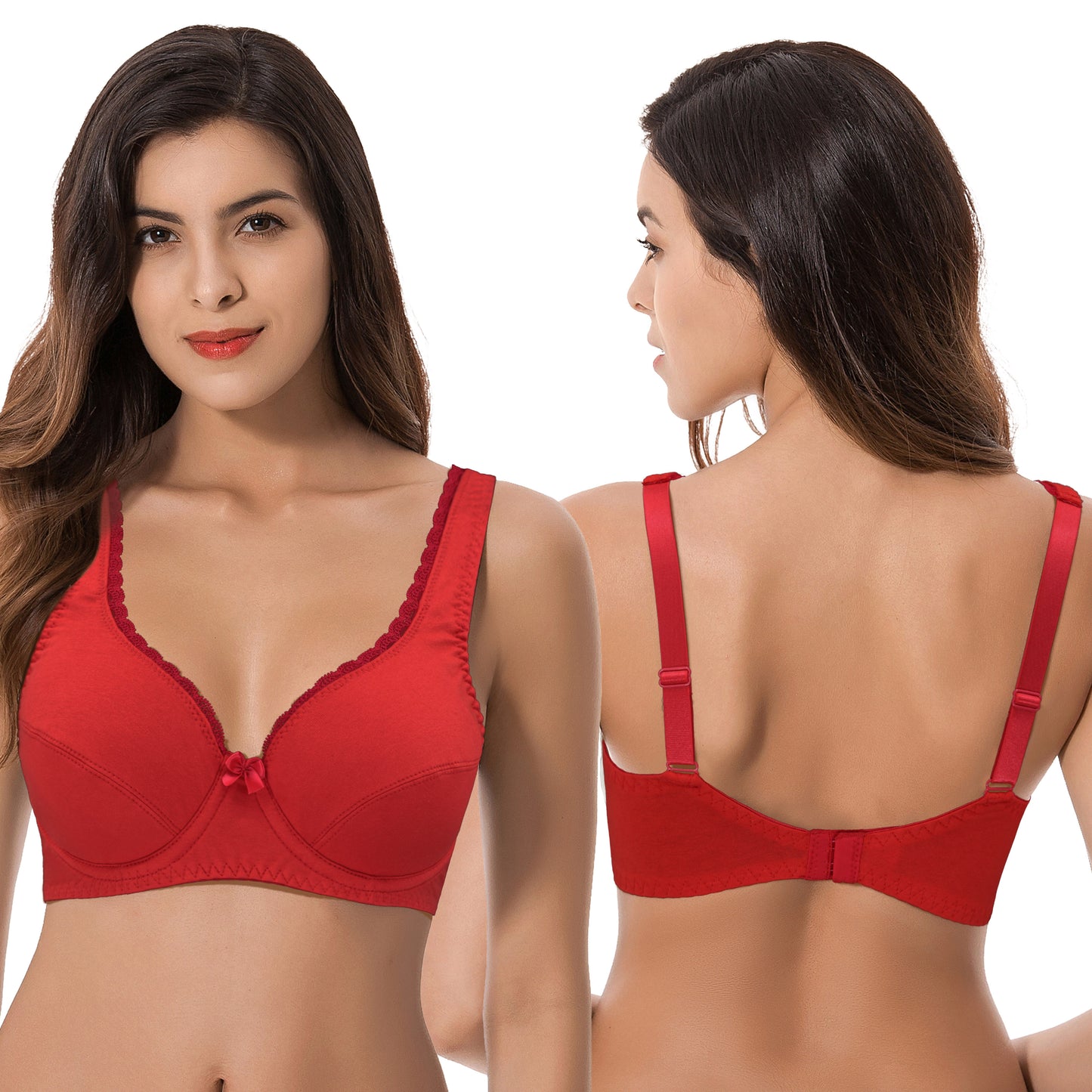 Women's Unlined Plus Size Comfort Cotton Underwire Bra-Black/Red,Red