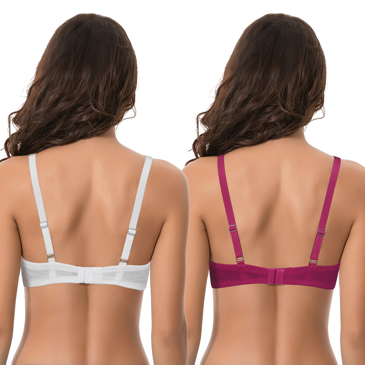 Women Plus Size Underwire Add 1 and a Half Cup Push Up Lace Mesh Bra-2PK-White,Fushia