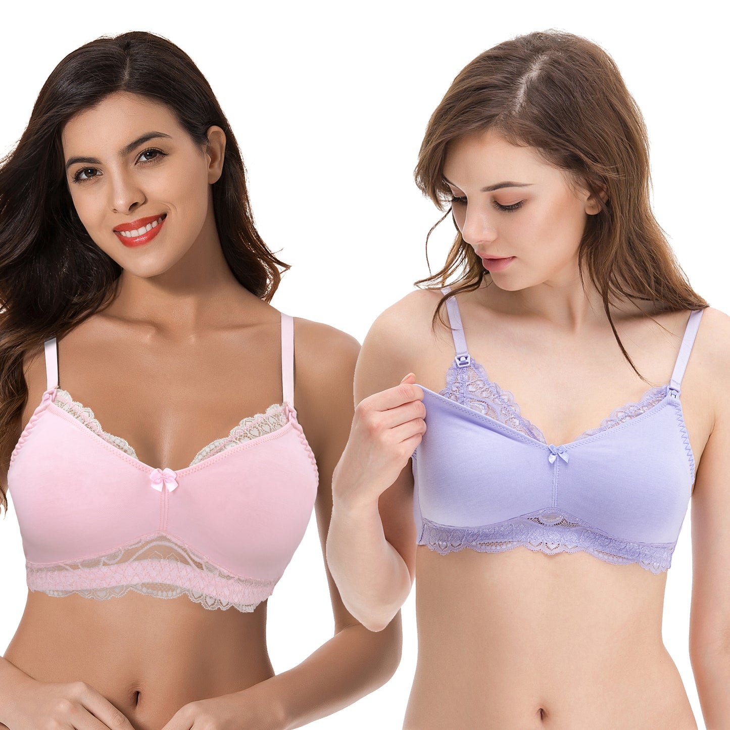 Plus Size Nursing Cotton Unlined Wirefree Bra With Lace Trim-2 PK