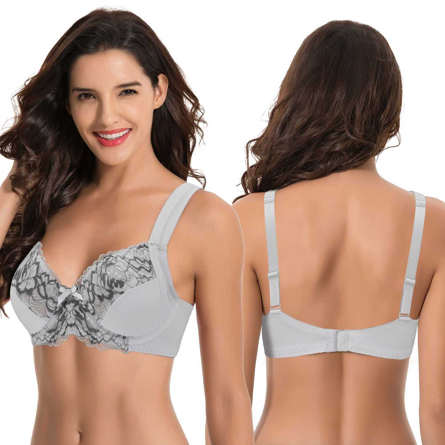 Women's Plus Size Unlined Underwire Lace Bra with Cushion Straps-Light Grey,Navy