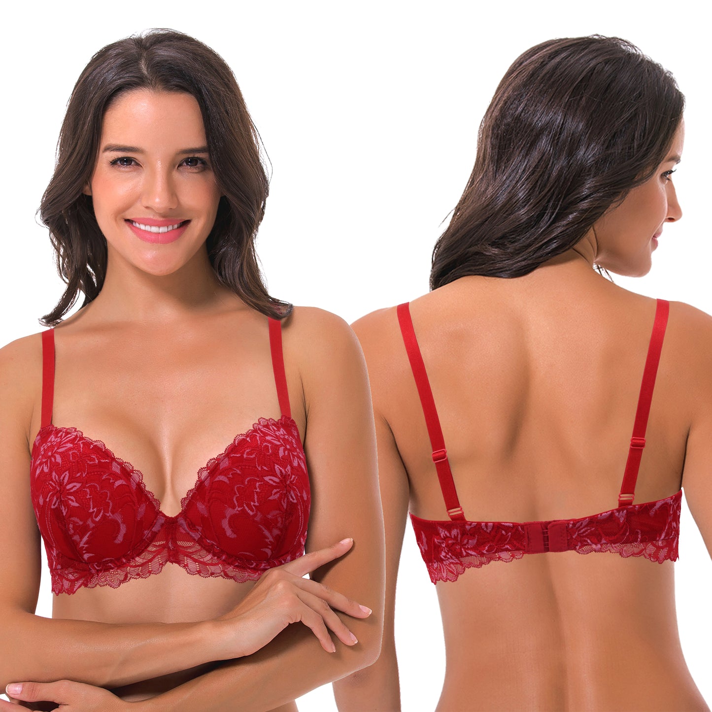 Women's Underwire Plus Size Push Up Add 1 and a Half Cup Lace Bras