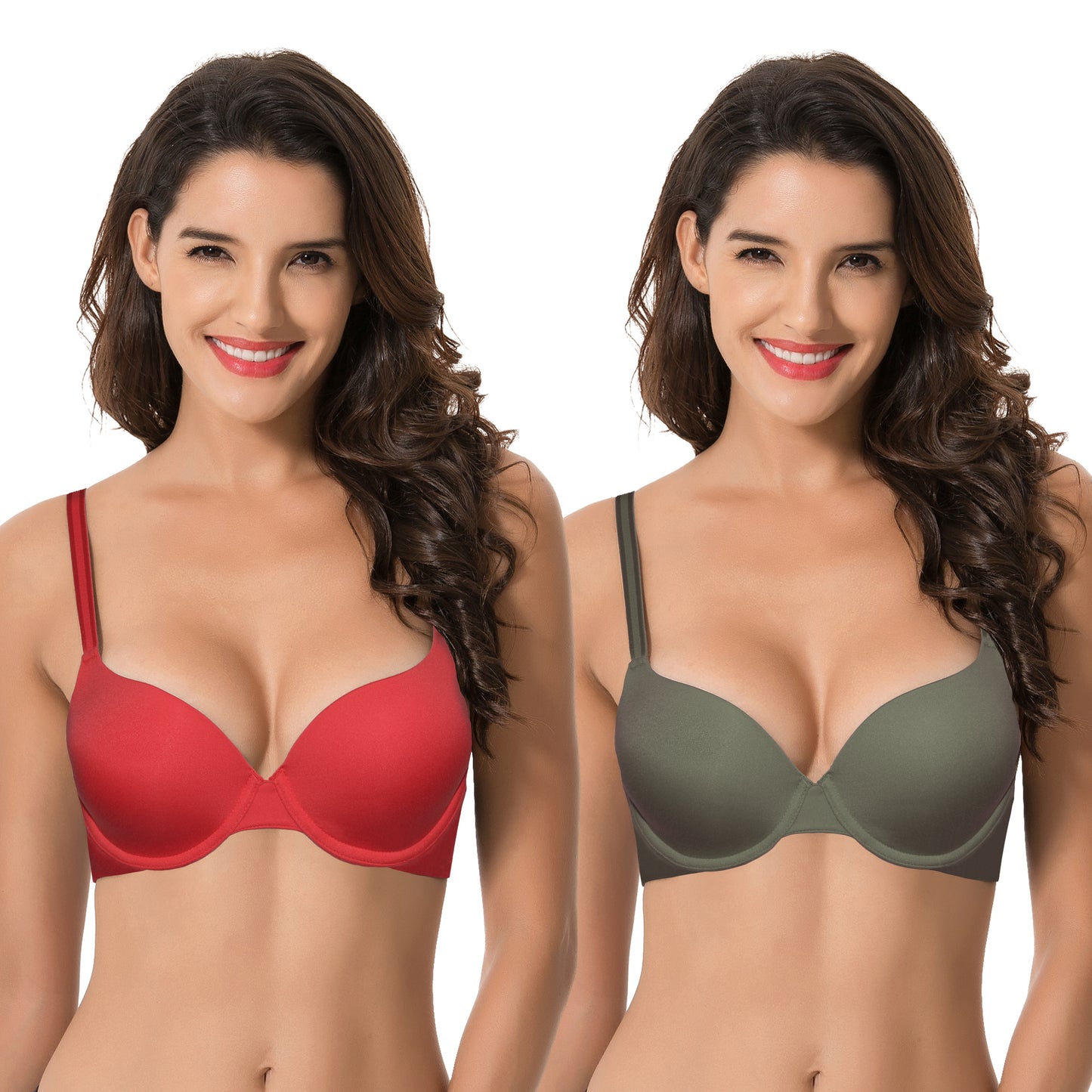 Women's Light Lift Add 1 Cup Push Up Underwire Convertible Tshirt Bra-2PK-RED,GREEN