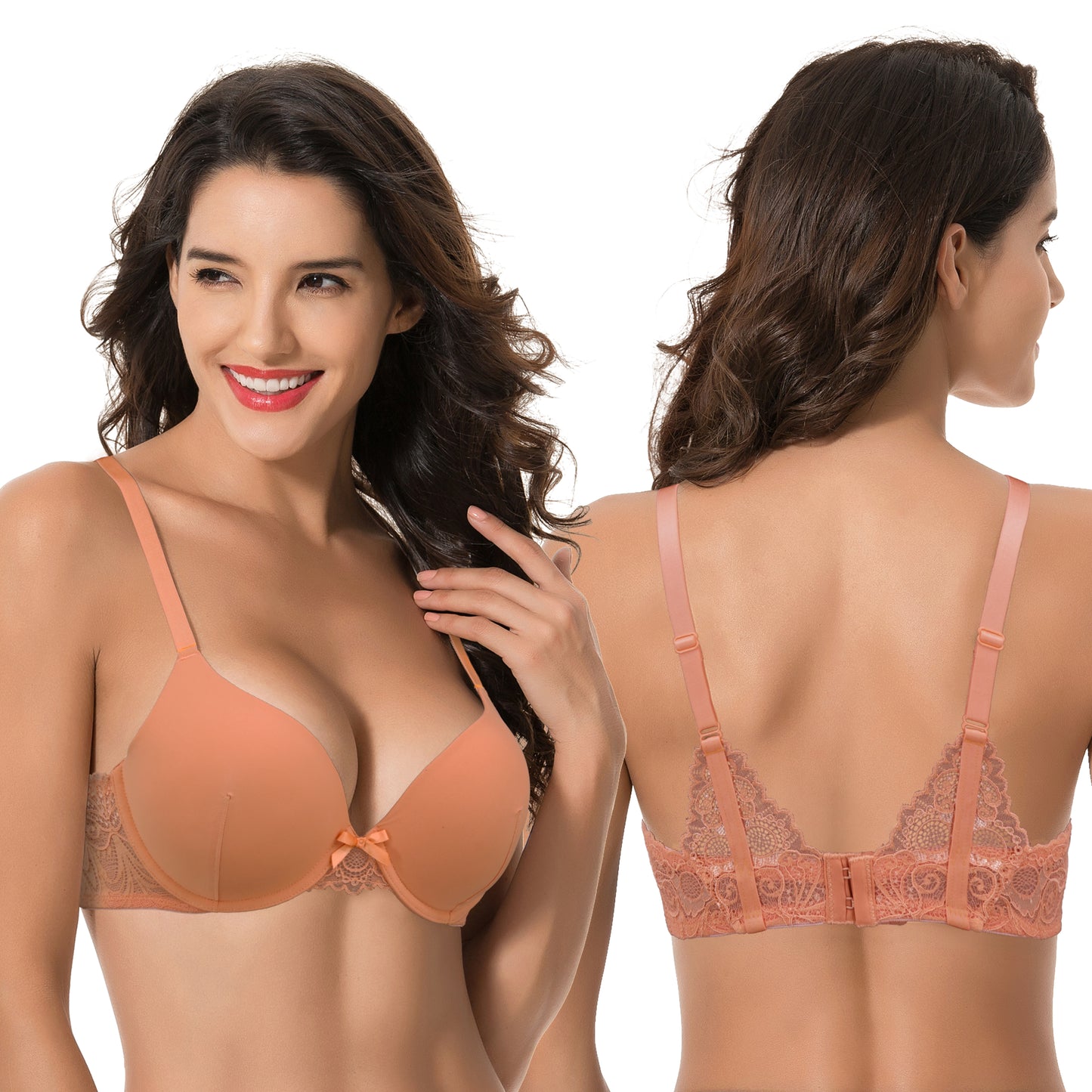 Women's Plus Size Push Up Add 1 Cup Underwire Perfect Shape Tshirt Bra-2PK-WHITE,ORANGE