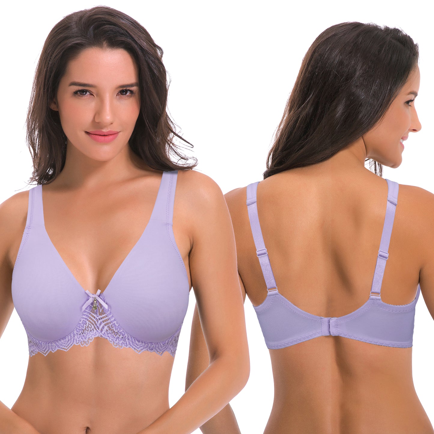 Women's Plus Size Unlined Underwire Lace Bra with Cushion Straps-2PK-BLACK,MAUVE