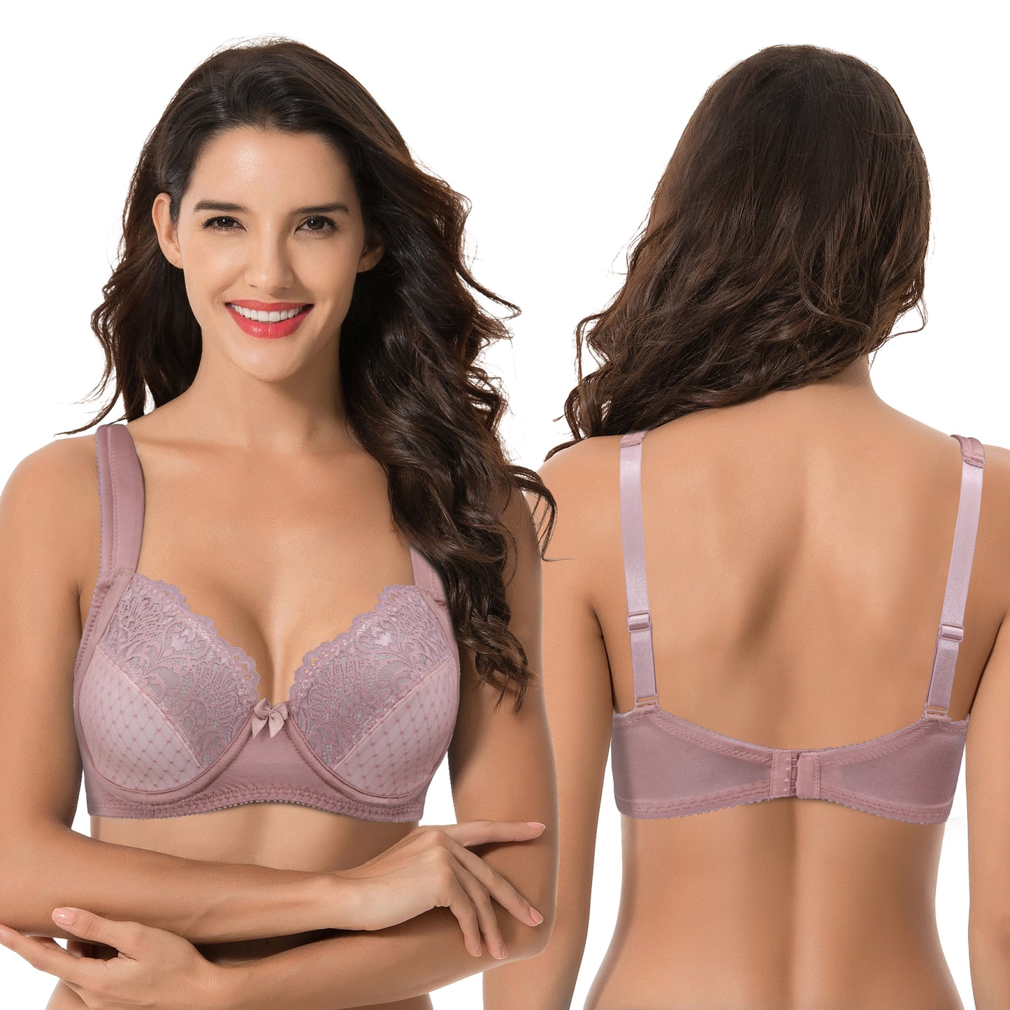 Women's Plus Size Unlined Underwire Lace Bra with Cushion Straps-Black,Mauve