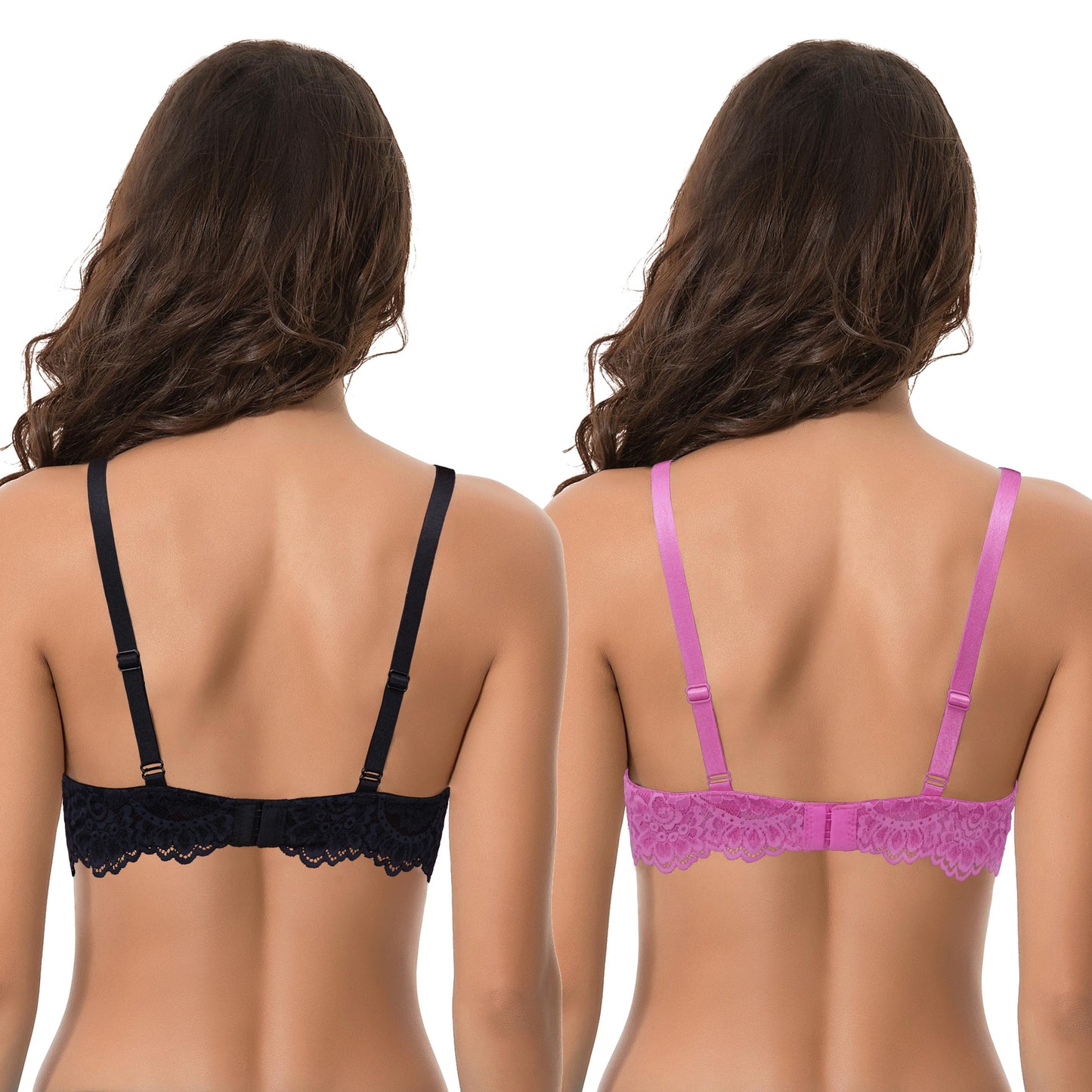Women's Underwire Plus Size Push Up Add 1 and a Half Cup Lace Bras-2PK-Hot Pink,Black