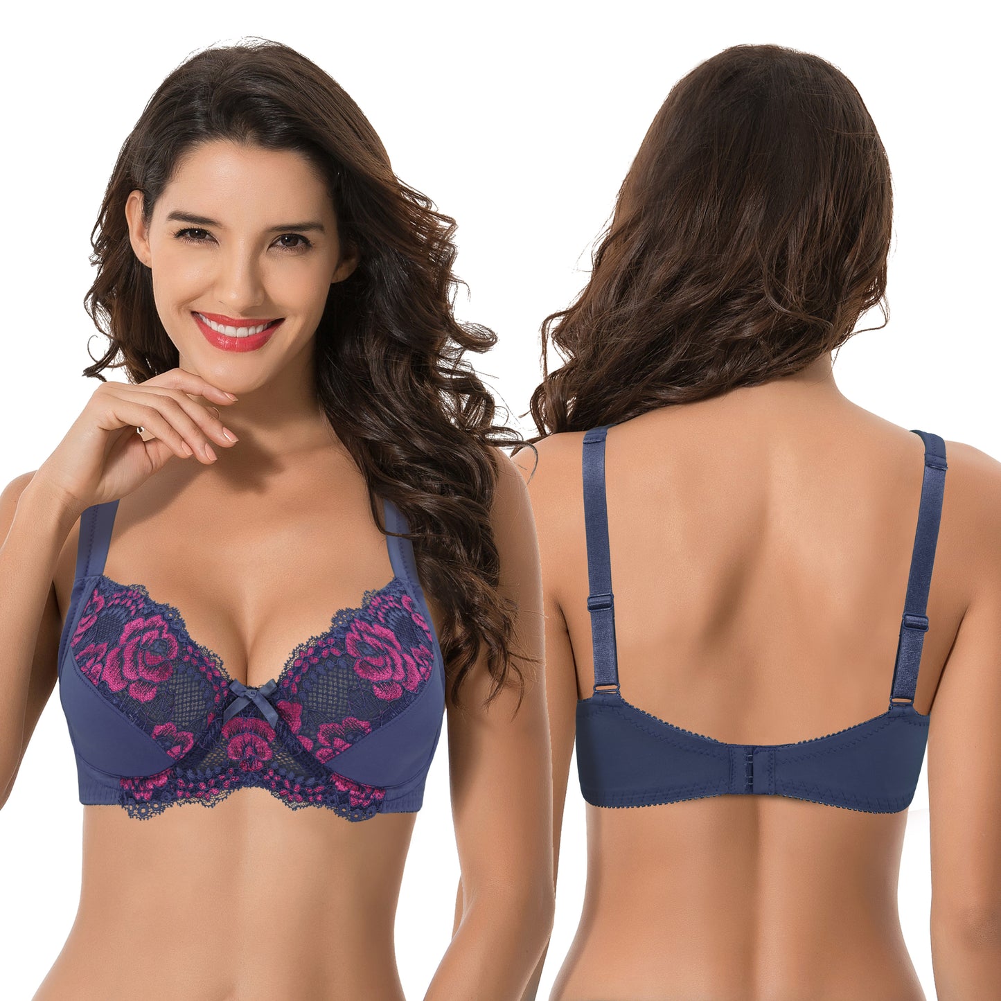 Women's Plus Size Unlined Underwire Lace Bra with Cushion Straps-Blue,Black