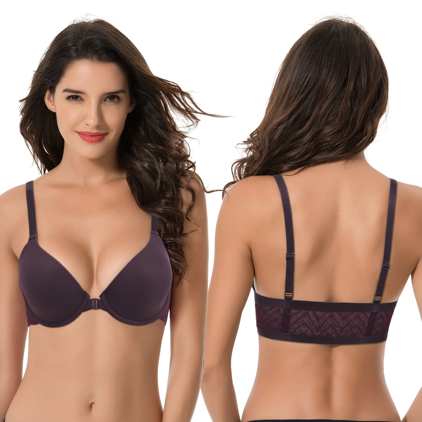 Women's Plus Size Full Coverage Underwire Front Close Bras-2PK-BLACK,PLUM