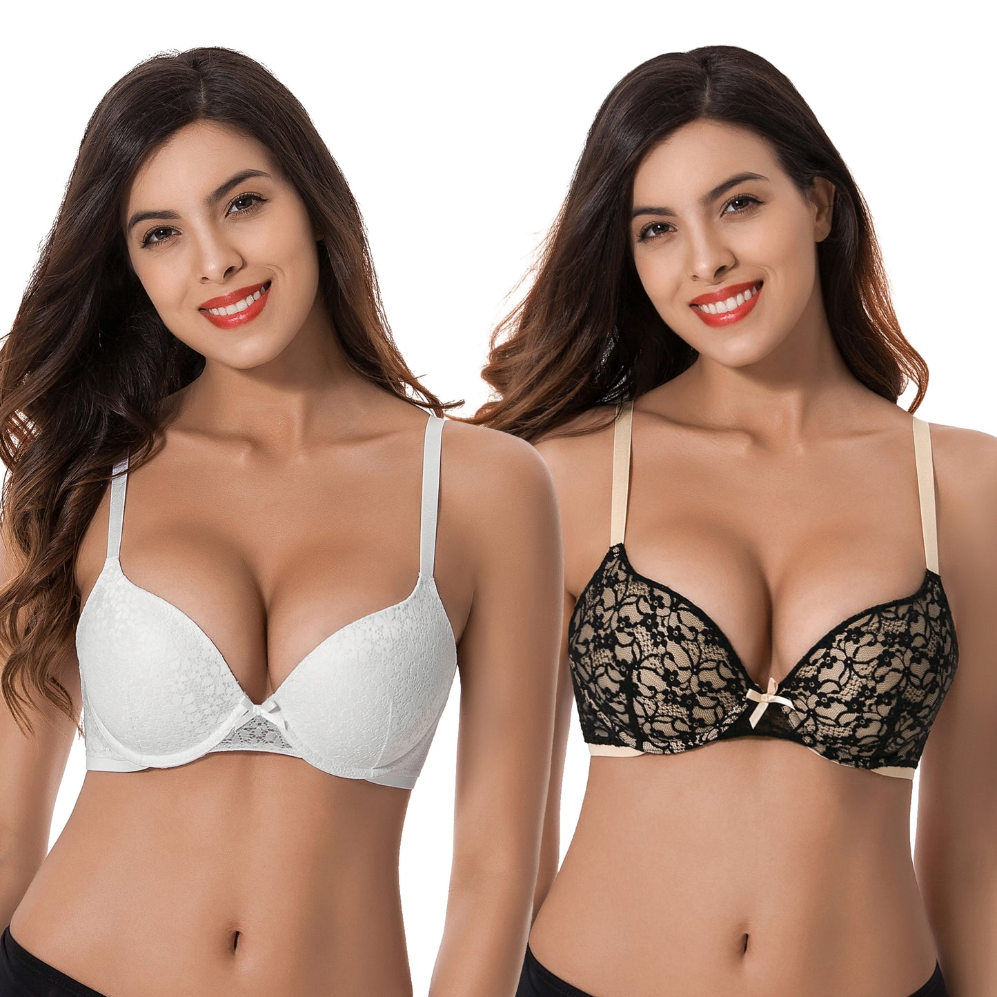 Women's Plus Size Perfect Shape Add 1 Cup Push Up Underwire Lace Bras-2Pk