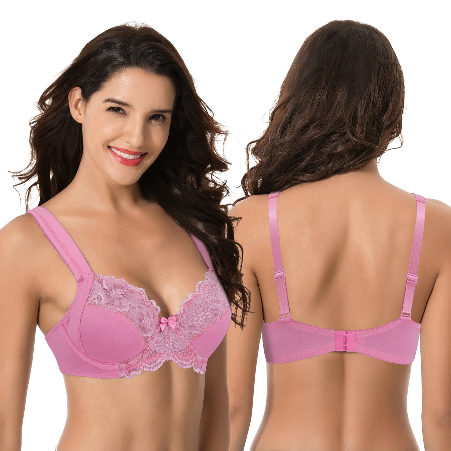 Women's Plus Size Unlined Underwire Lace Bra with Cushion Straps-2PK-Cream/Pink/Gray,Pink