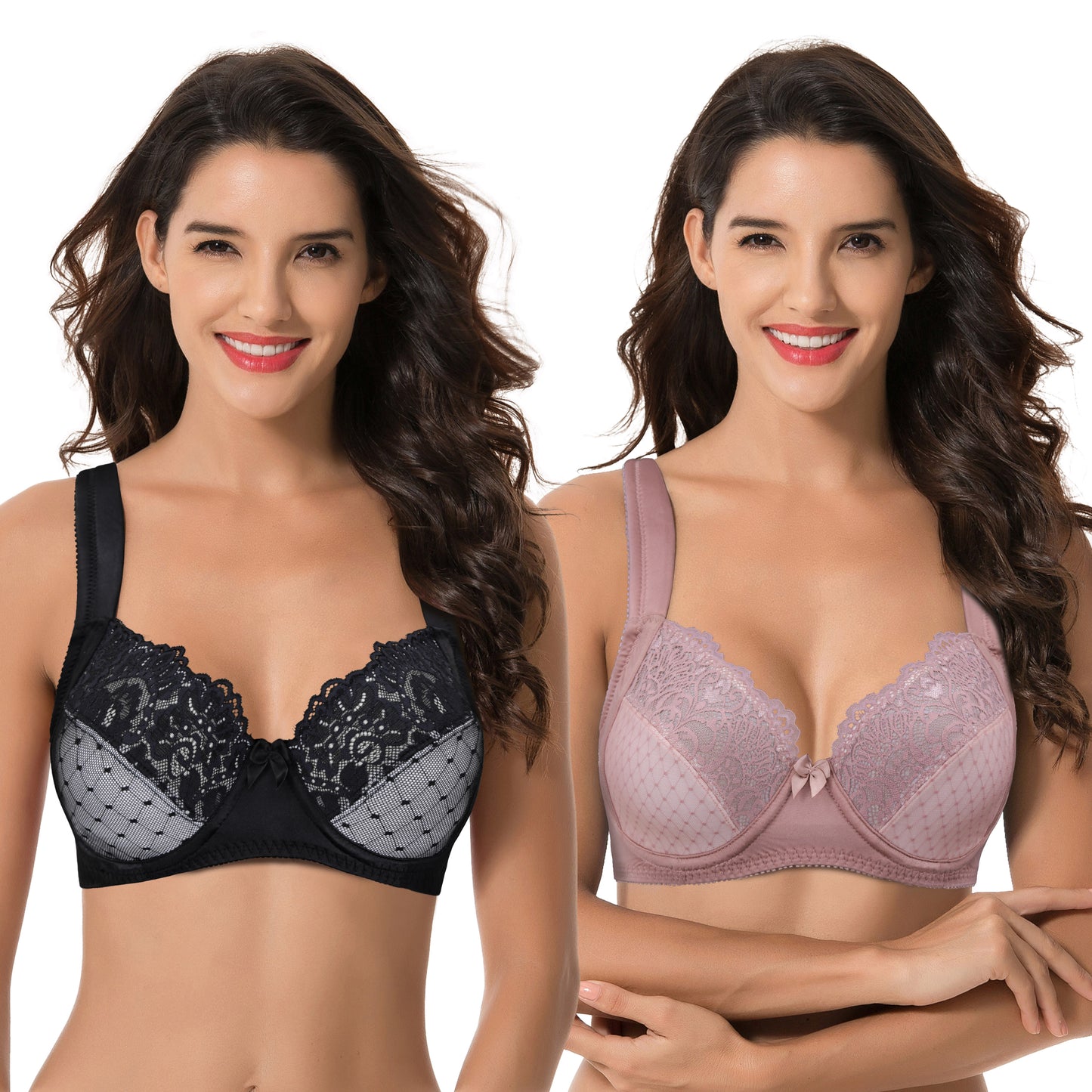 Women's Plus Size Unlined Underwire Lace Bra with Cushion Straps-Black,Mauve