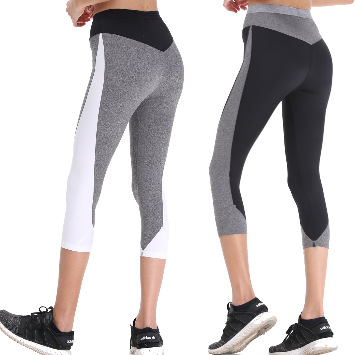 Sports Cropped Yoga Pants for women-Slim Workout Fitness Wear-2 Pack-GRAY, WHITE