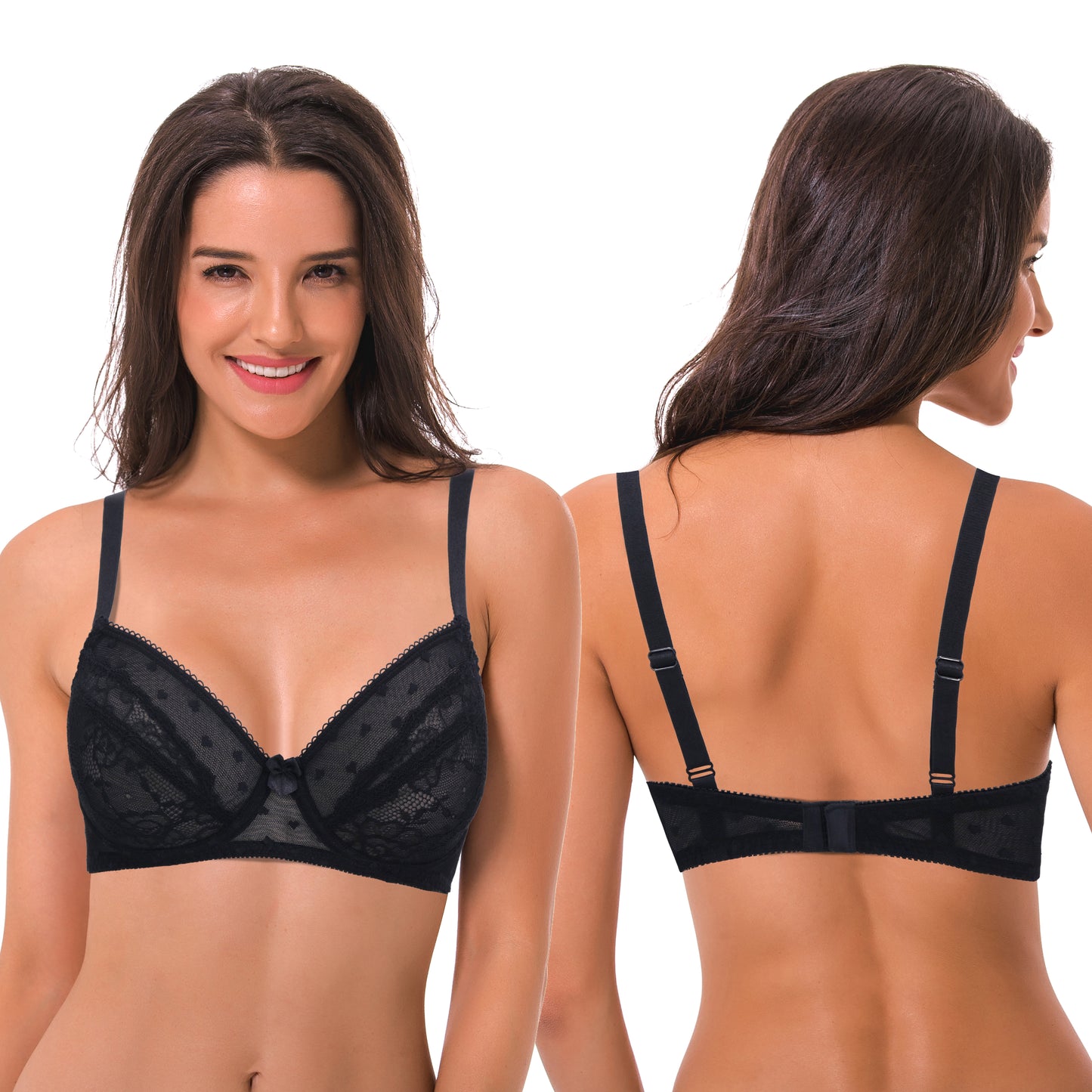 Women's Plus Size Unlined Balconette Underwire Sheer Lace Bra-2PK