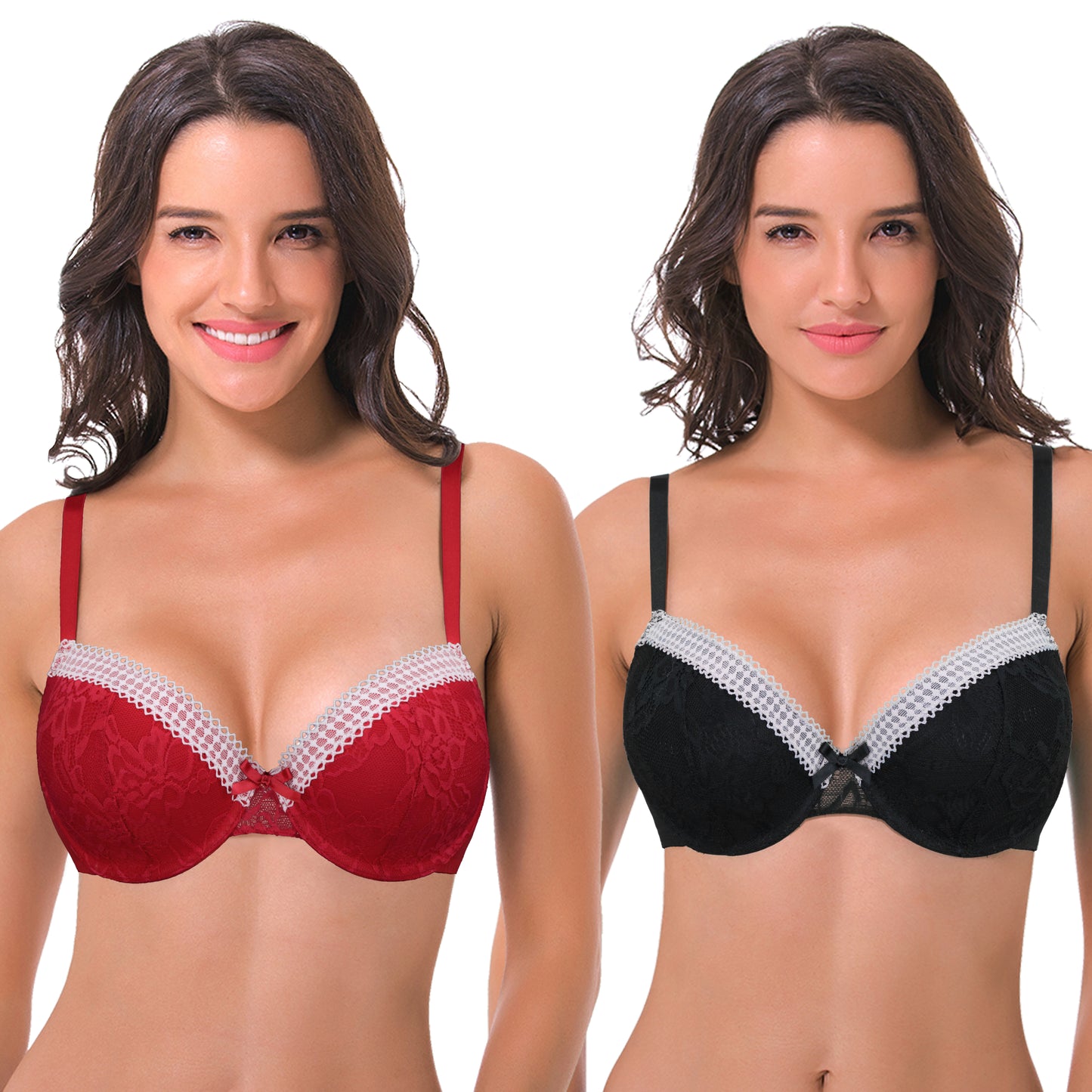 Women's Plus Size Lightly Padded Balconette Lace Underwire Bra-2Pack