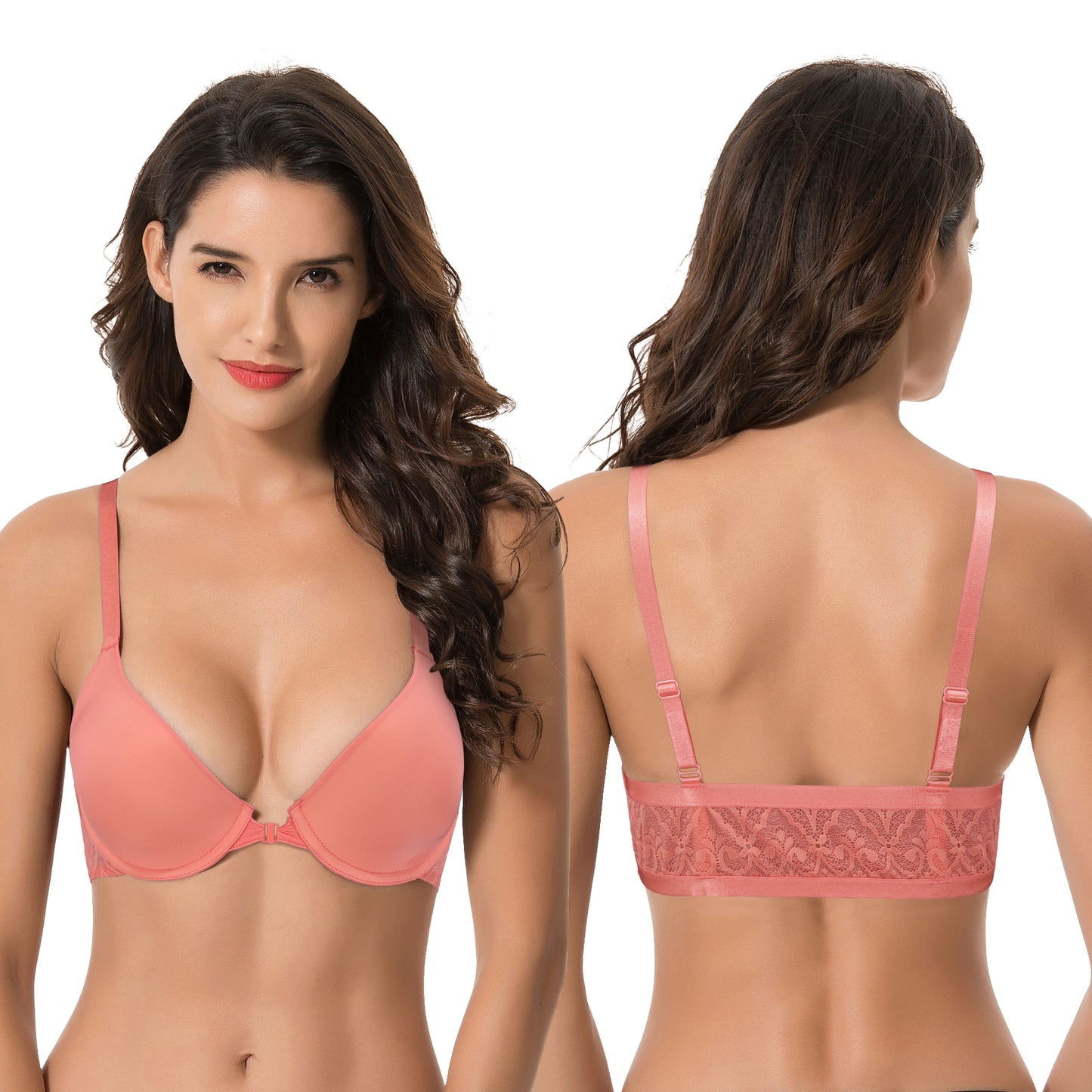 Women's Plus Size Full Coverage Underwire Front Close Bras-2PK-Black,Orange