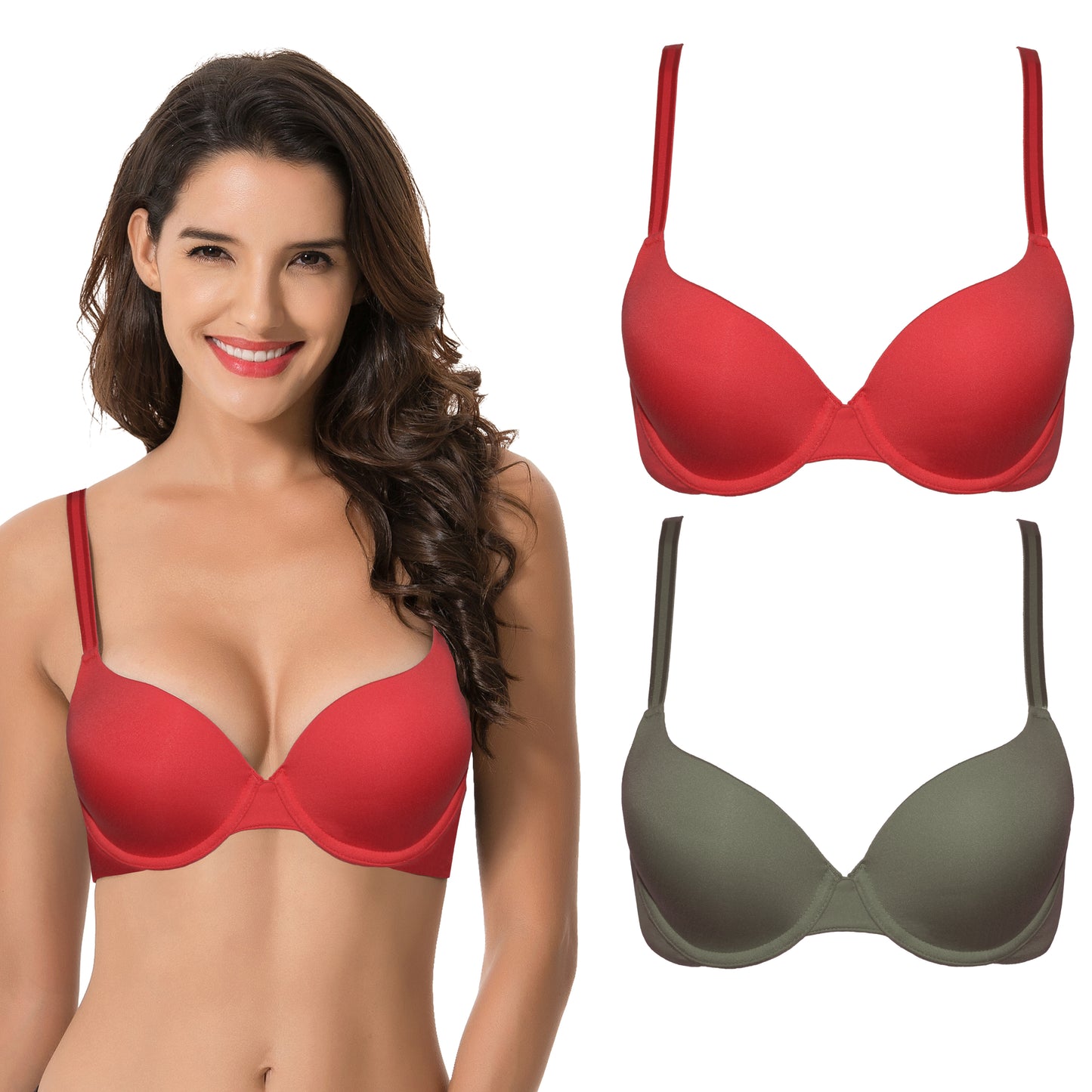 Women's Light Lift Add 1 Cup Push Up Underwire Convertible Tshirt Bra-2PK-RED,GREEN