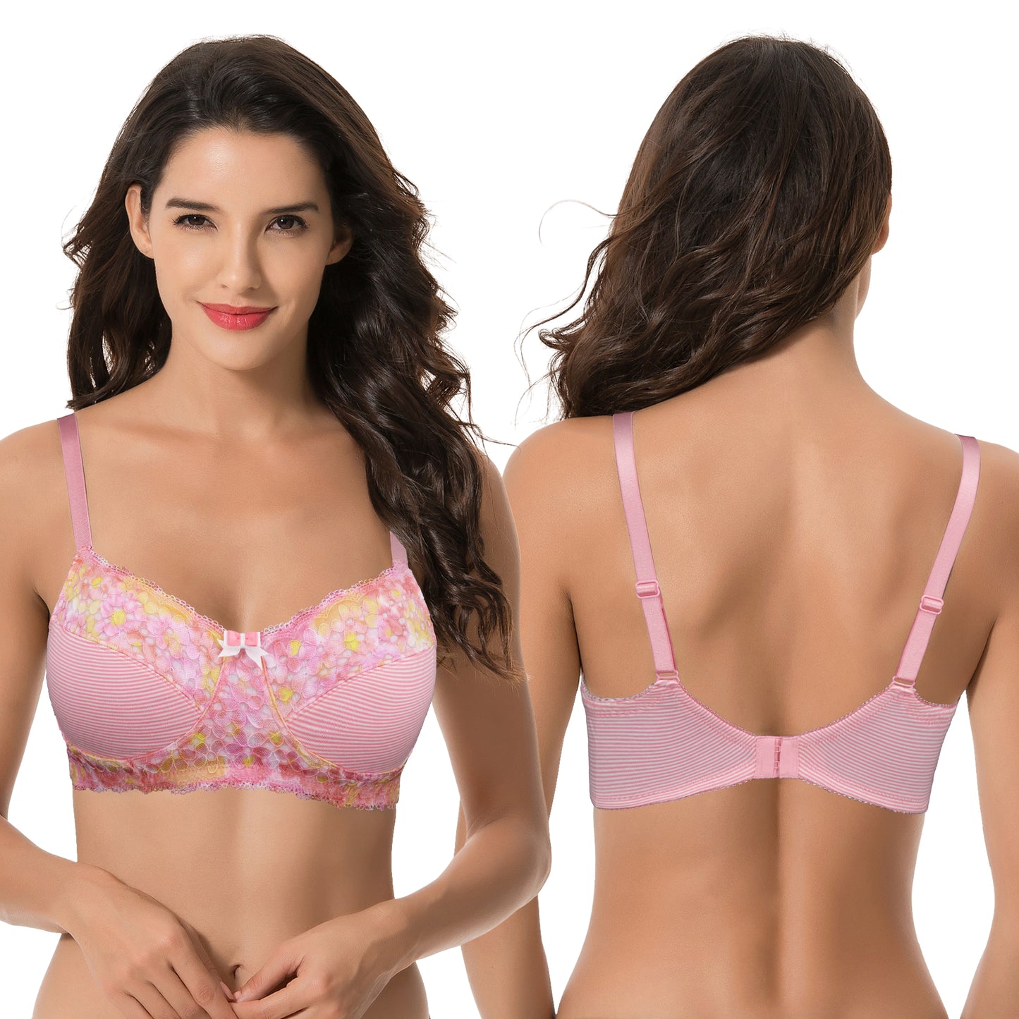 Women's Plus Size Minimizer Wirefree Unlined Bra With Lace Trim-2Pack