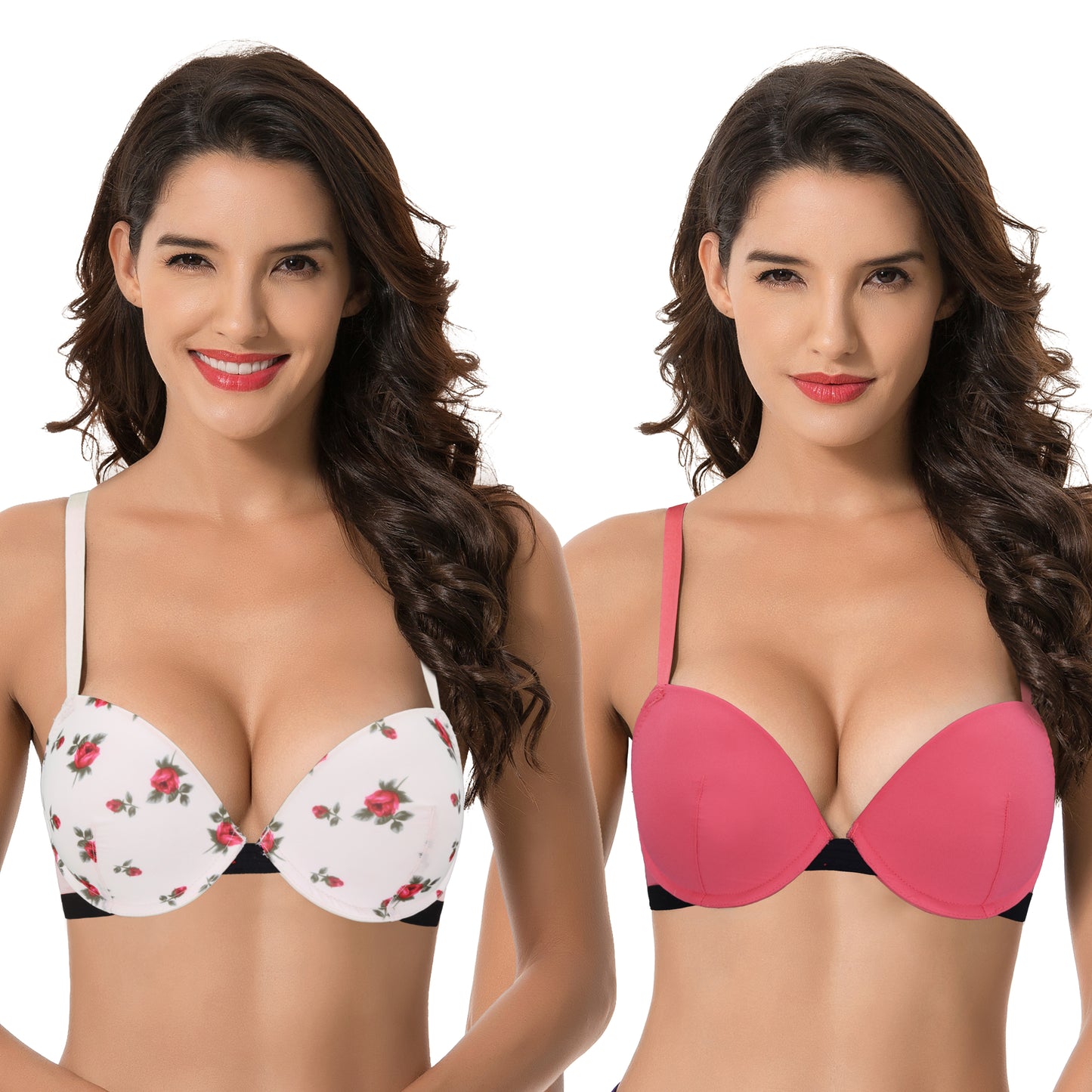 Women's Plus Size Add 1 and a half Cup Push Up Underwire Bras -2PK-Pink Print,Coral