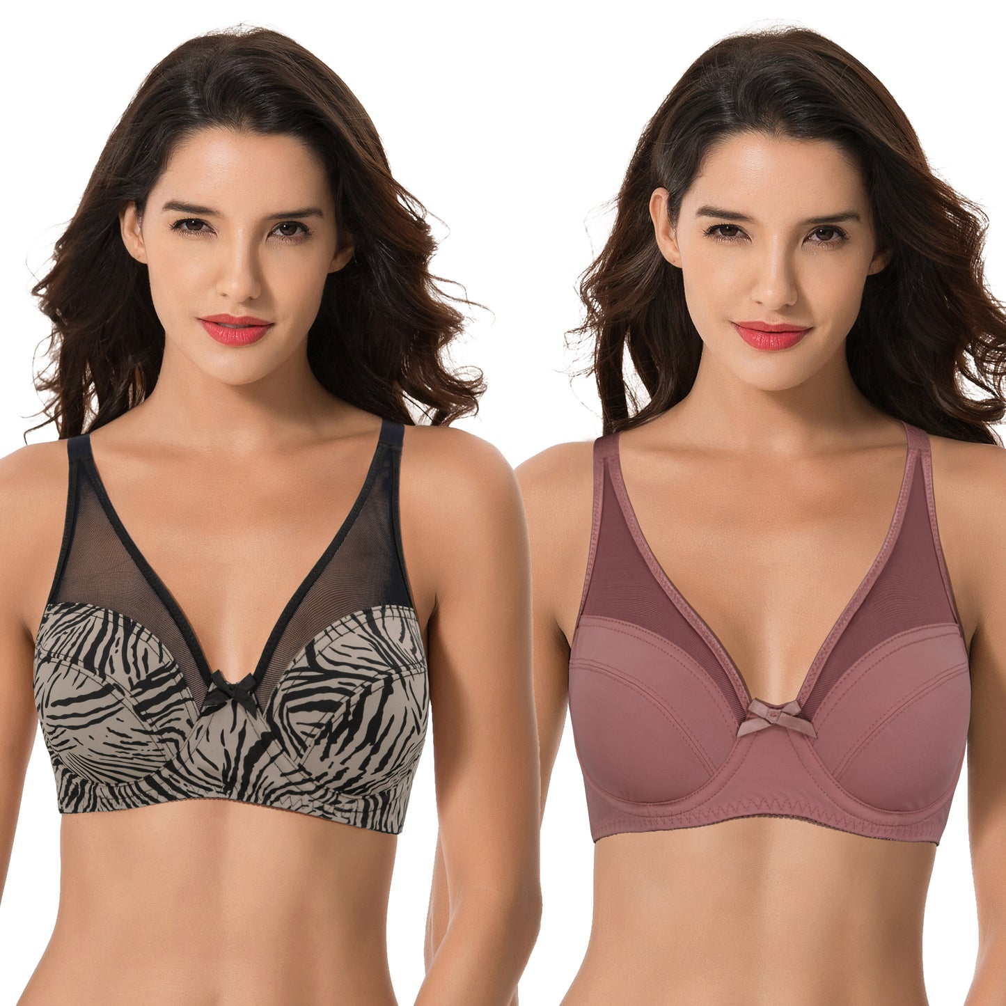 Plus Size Minimizer Underwire Bra with Floral and leopard Print-2 Pack-Black/Gry,Brown