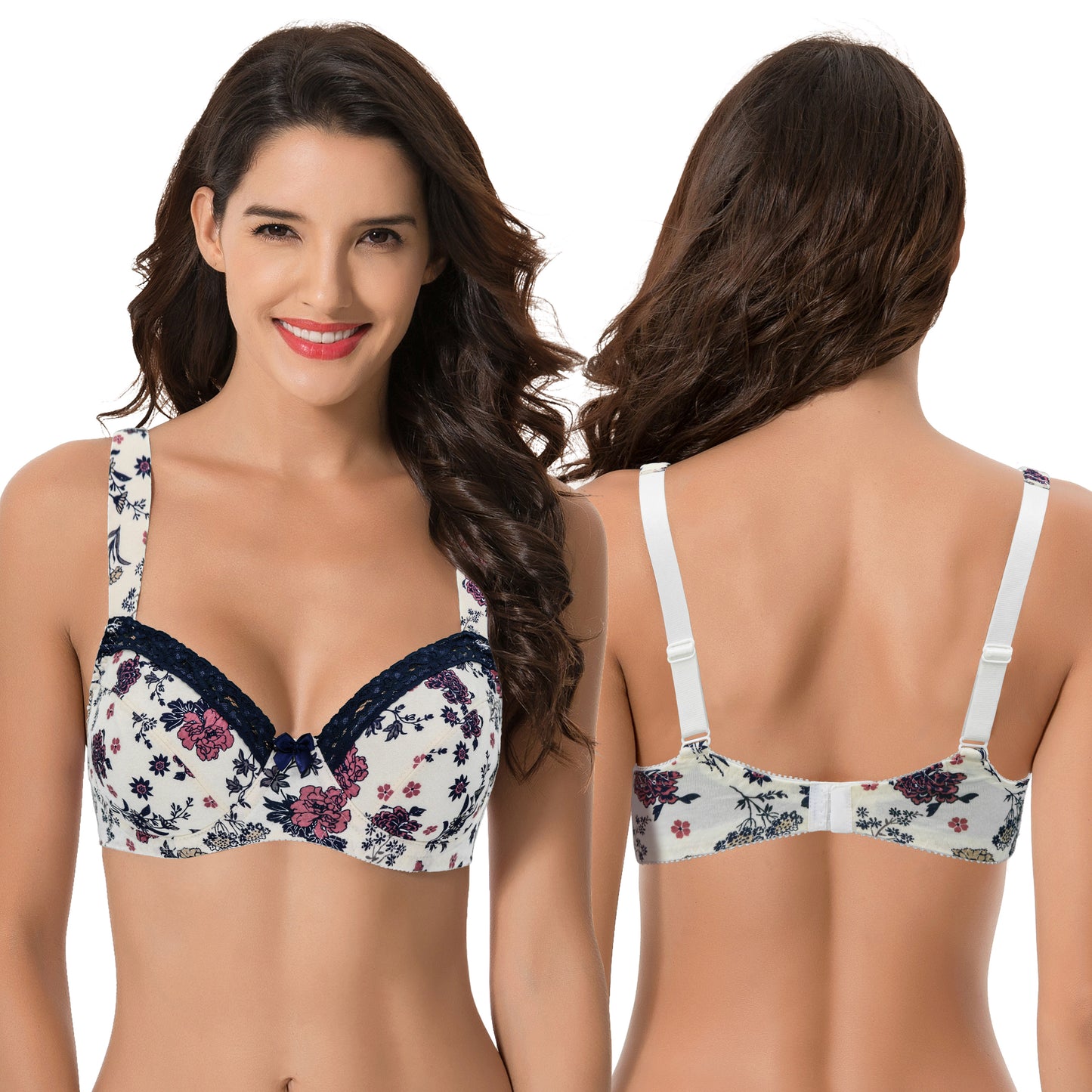 Women's Plus Size Underwired Unlined Balconette Cotton Bra-3Pack-White Print,Pink,Pale Coral