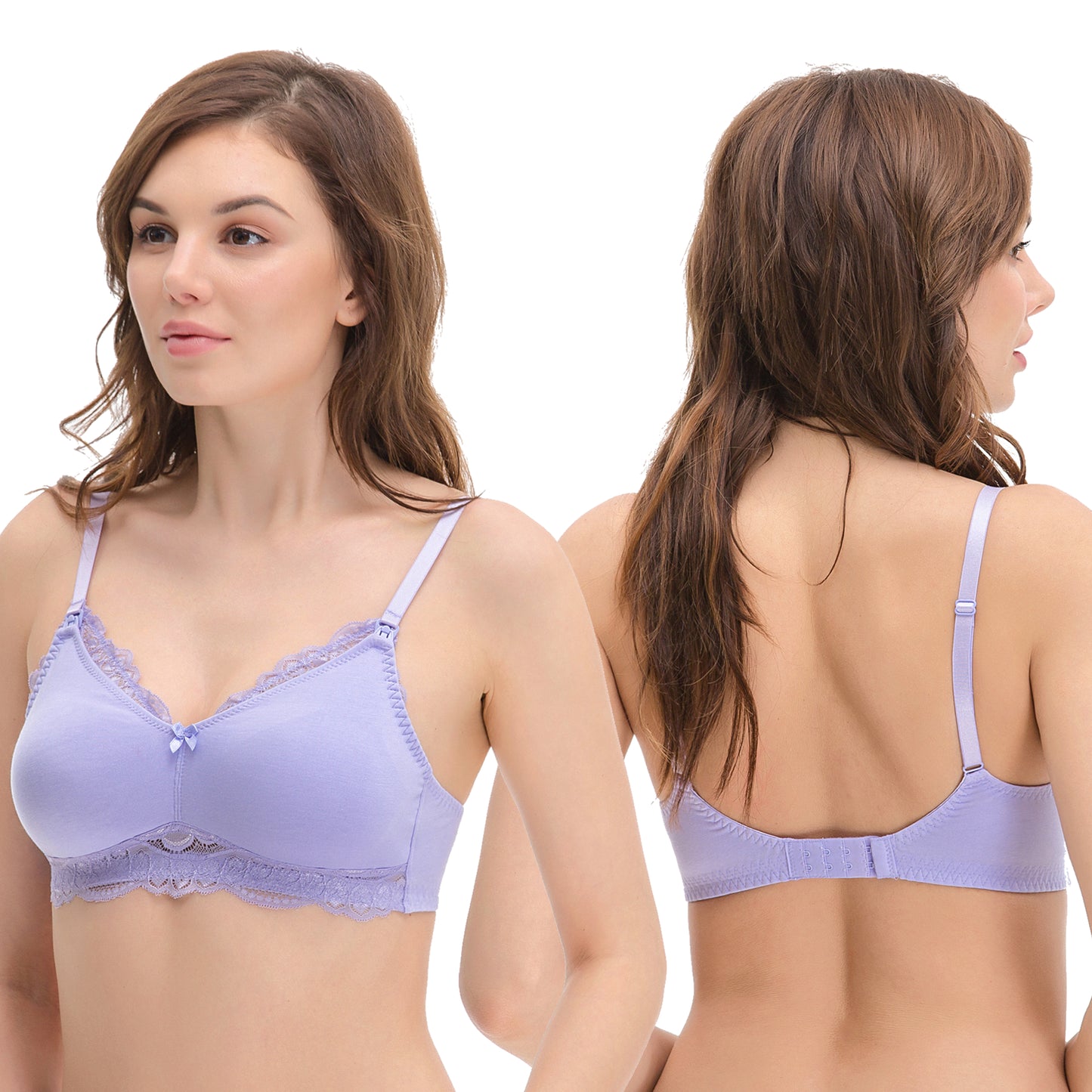 Plus Size Nursing Cotton Unlined Wirefree Bra With Lace Trim-2 PK