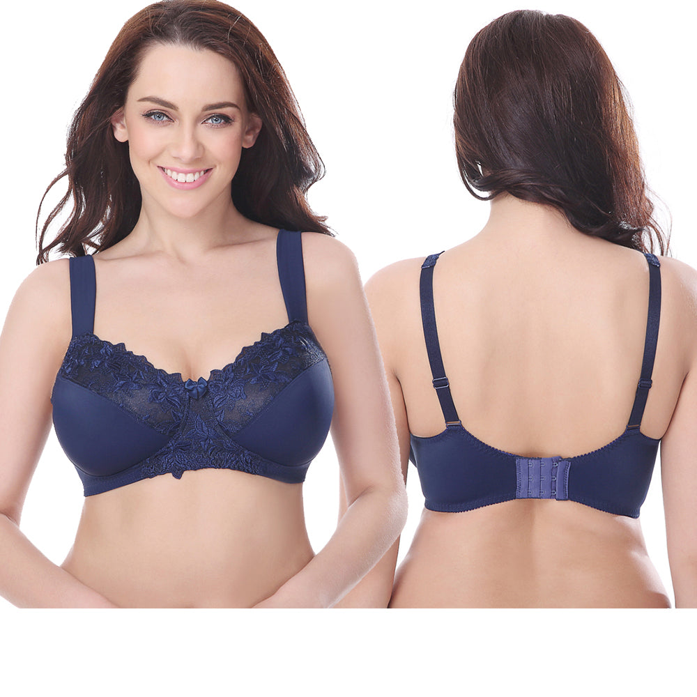 Plus Size Minimizer Unlined Wirefree Bra with Lace Embroidery-3Pack