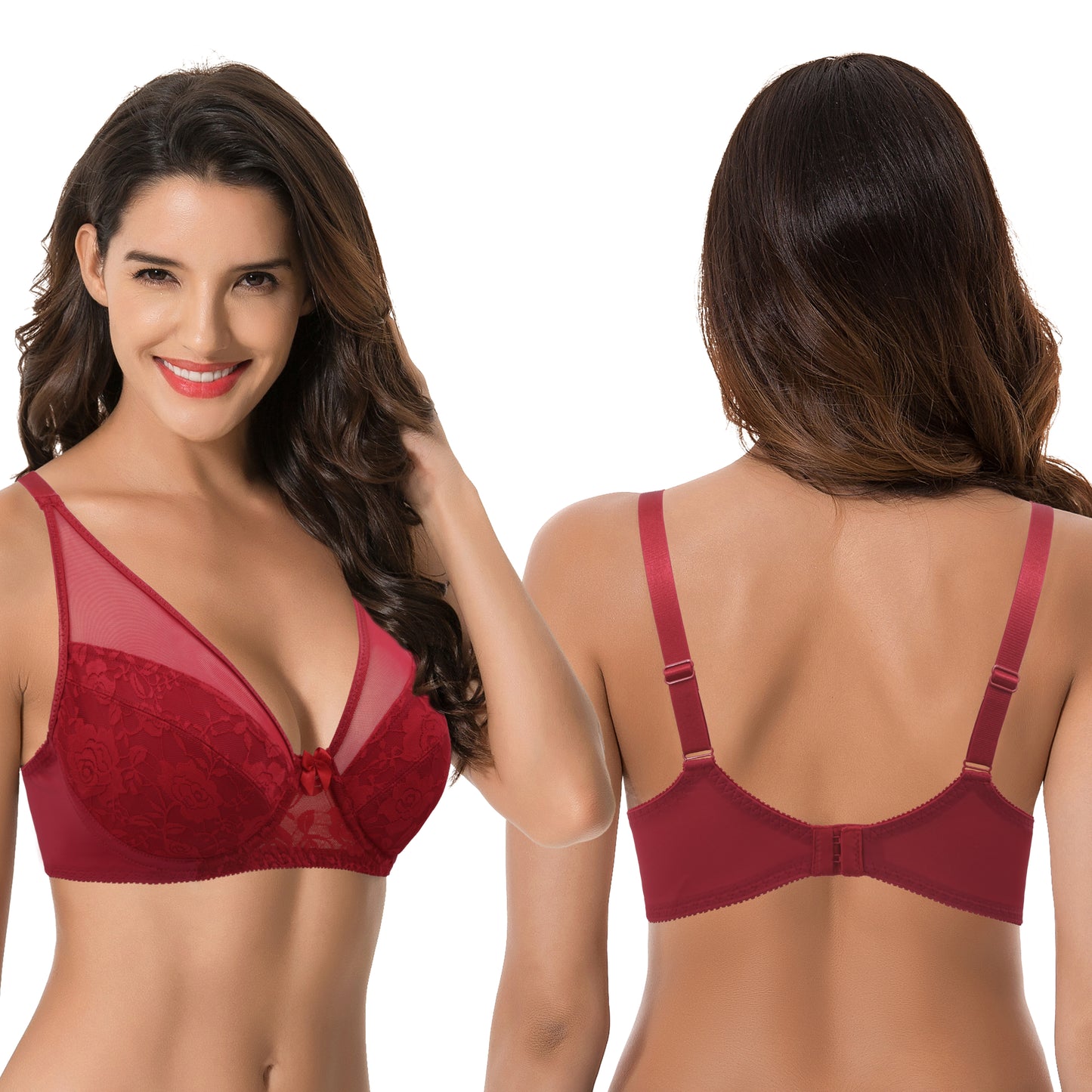 Women's Plus Size Minimizer Unlined Underwire Bra With Floral Lace-3PK