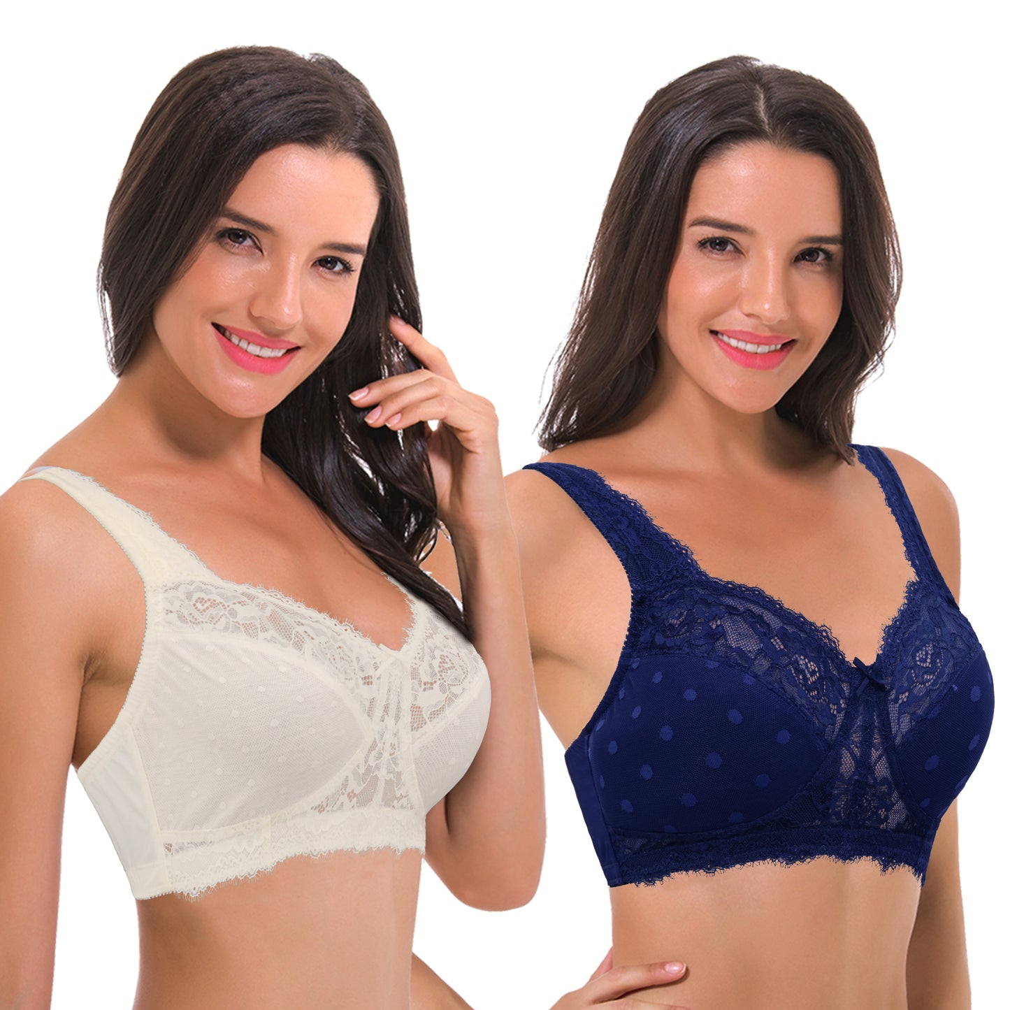 Women's Plus Size Minimizer Lace Full Coverage Unlined Wireless Bra-2Pack-Navy,White