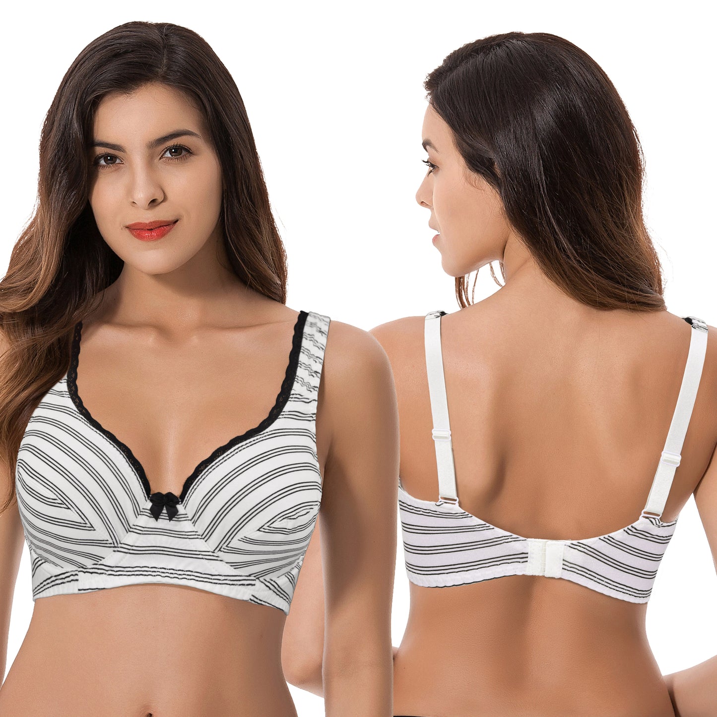 Women's Unlined Plus Size Comfort Cotton Underwire Bra-Black/Cream,Black