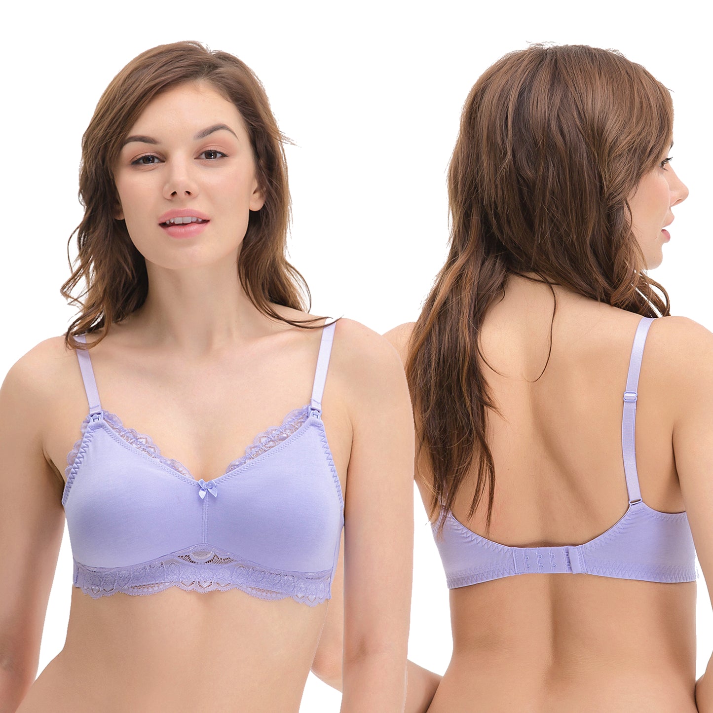 Plus Size Nursing Cotton Unlined Wirefree Bra With Lace Trim-2 PK