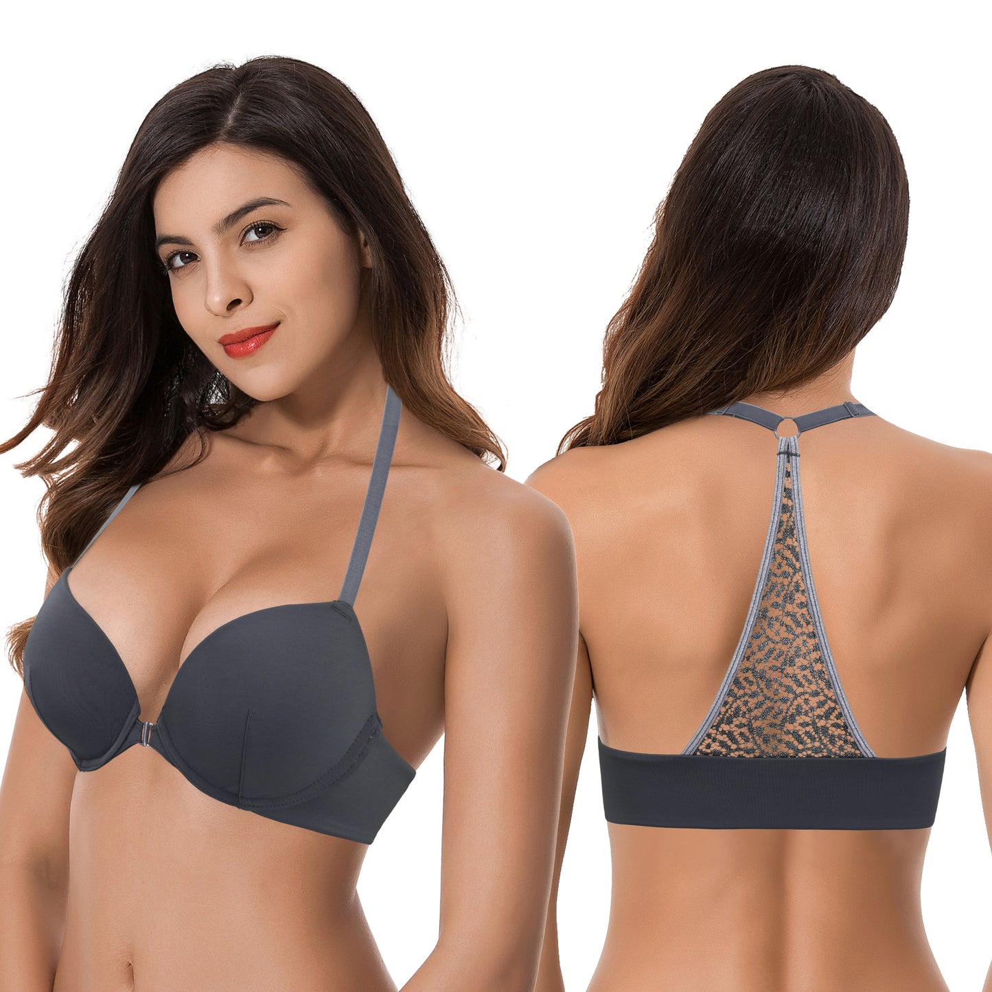Women's Push Up Add 1 and a half Cup Underwire Halter Front Close Bras