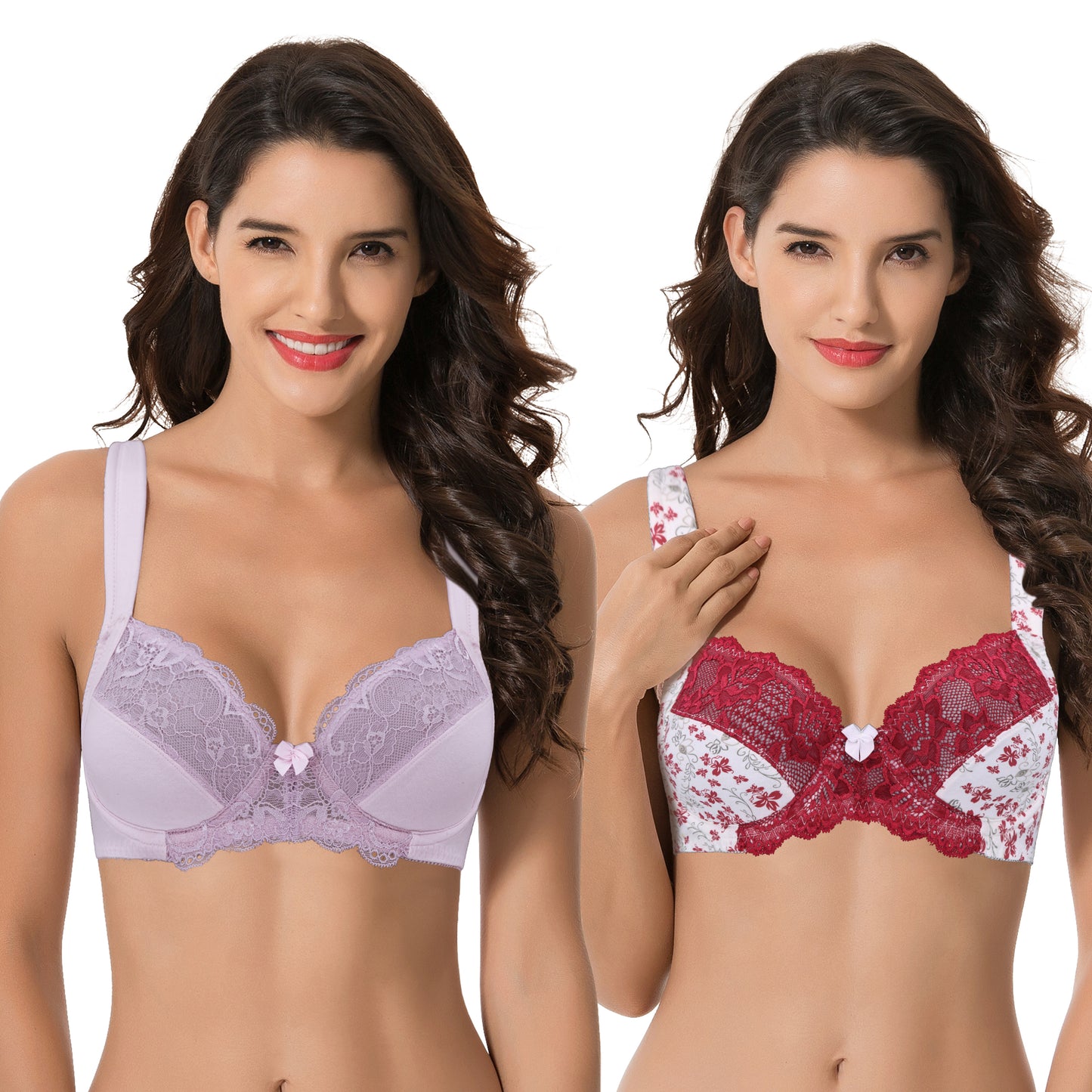 Women's Plus Size Unlined Underwire Lace Bra with Cushion Straps-2PK-White/Red/Lt Gray,Lt Pink