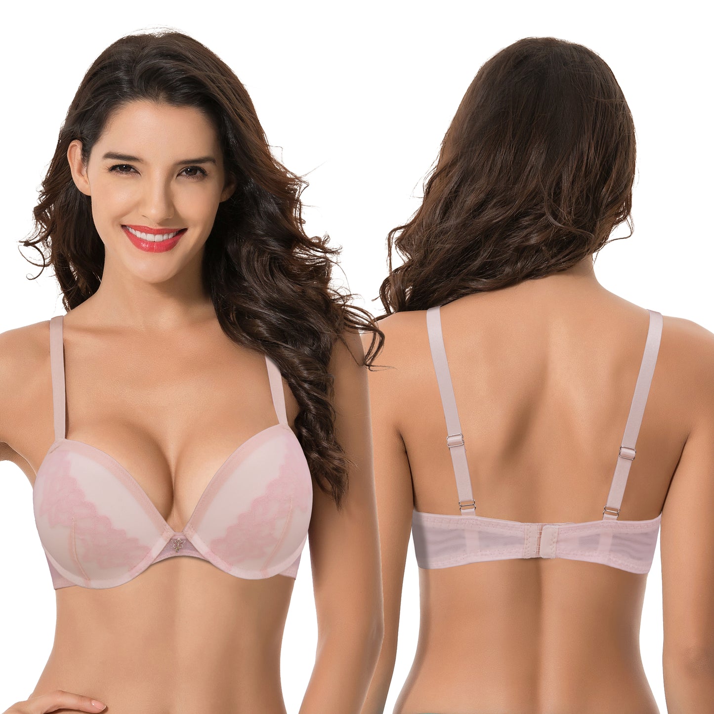 Women Plus Size Underwire Add 1 and a Half Cup Push Up Lace Mesh Bra-2PK-Lt Pink,Brown