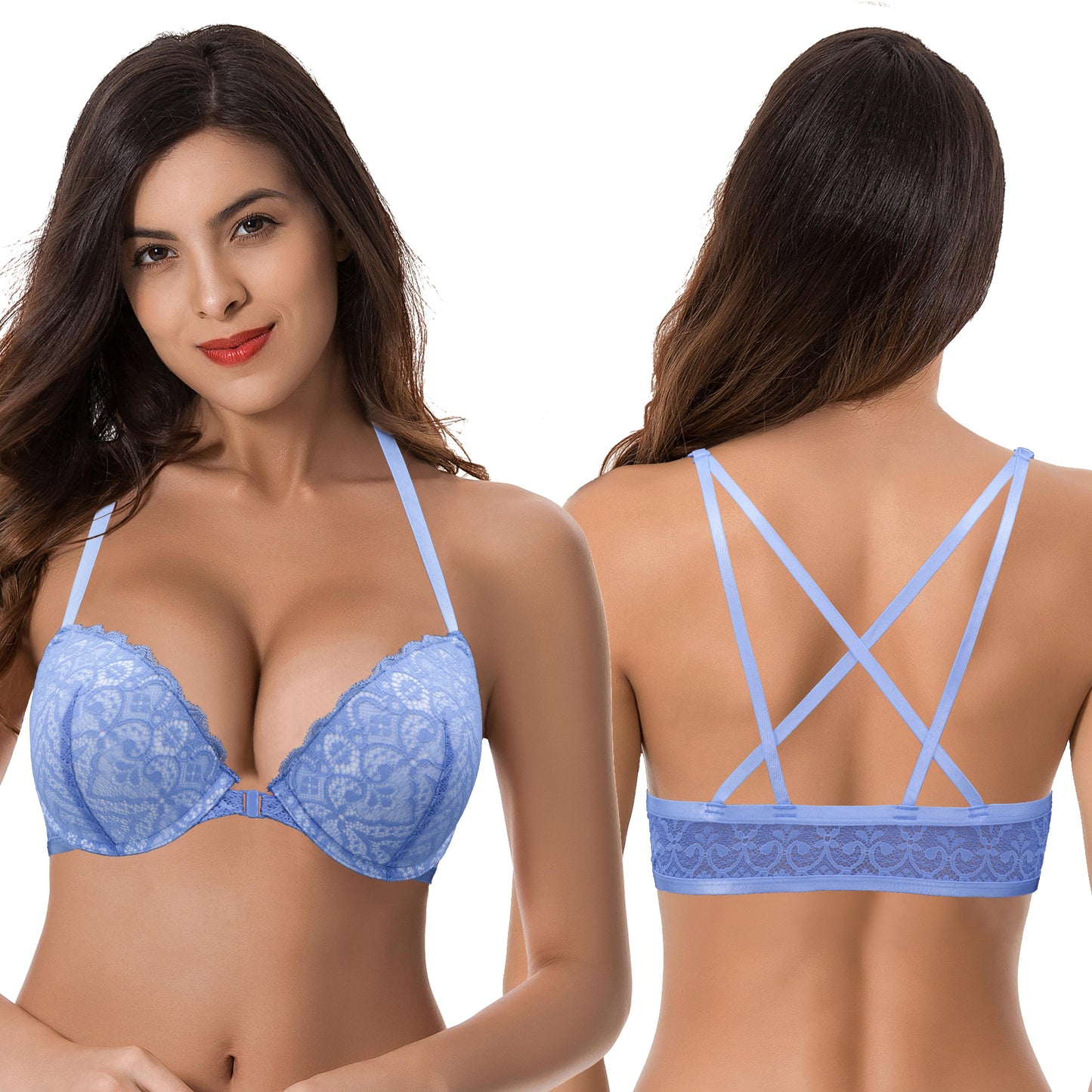 Womens Push Up Add 1 and a half Cup Underwire Halter Front Close Bras -2PK-Yellow,Blue