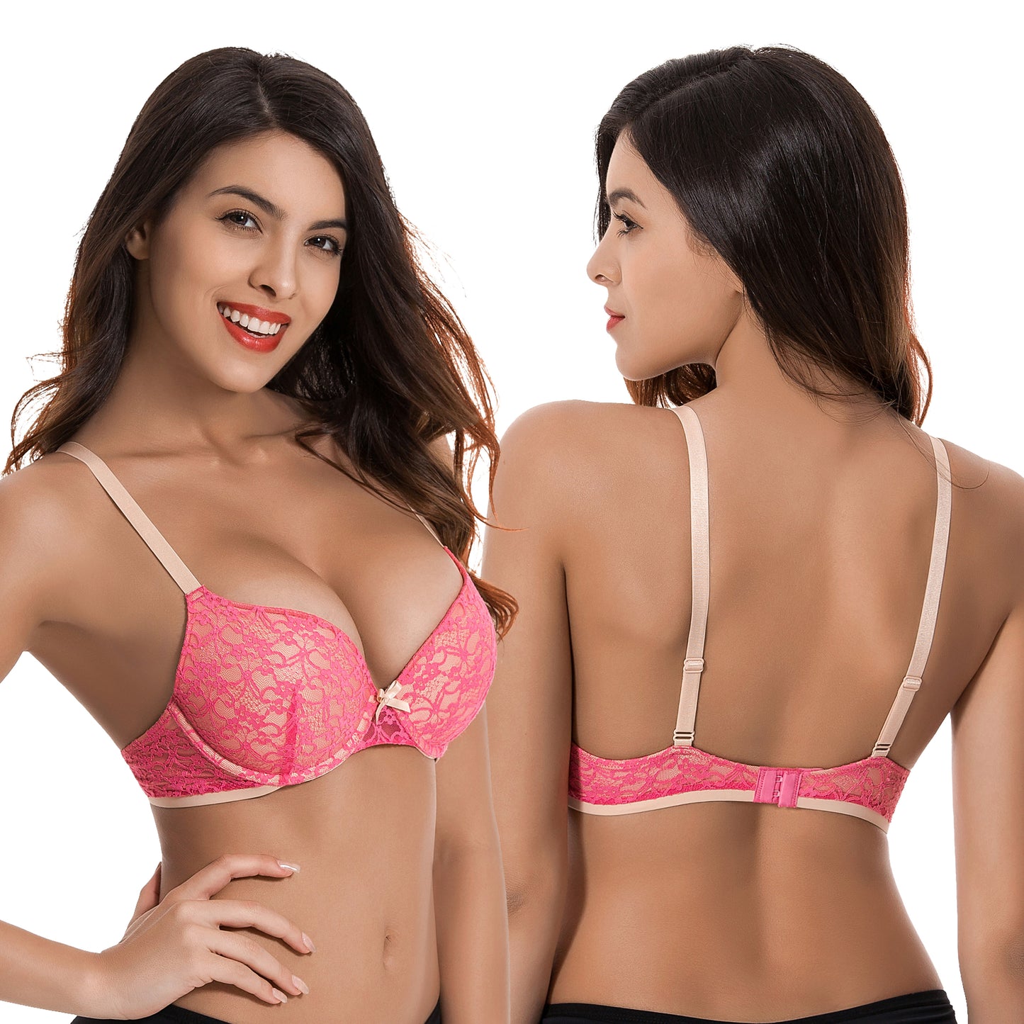 Women's Plus Size Perfect Shape Add 1 Cup Push Up Underwire Lace Bras-2Pk-Dk Pink,Black