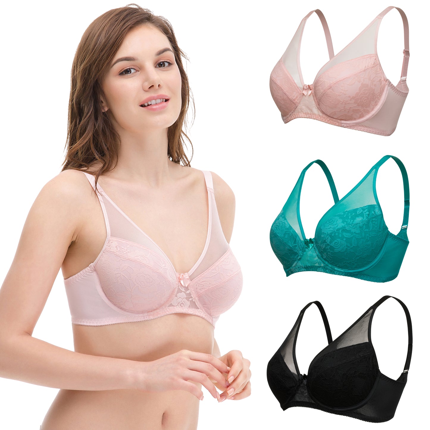 Women's Plus Size Minimizer Unlined Underwire Bra With Floral Lace