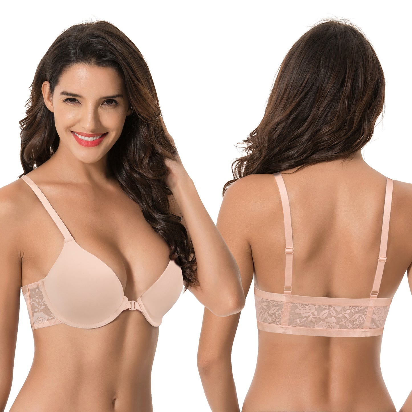 Women's Plus Size Full Coverage Underwire Front Close Bras-2PK-PEACH,WHITE