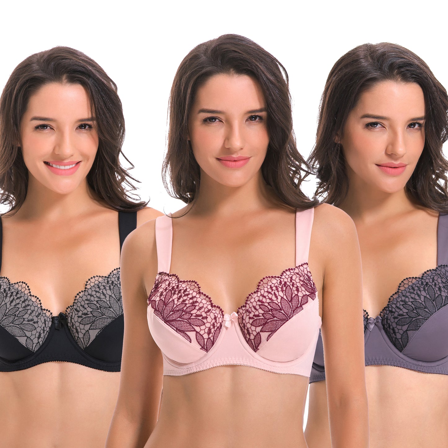 Plus Size Unlined Minimizer Underwire Bra with Embroidery Lace-3 Pack