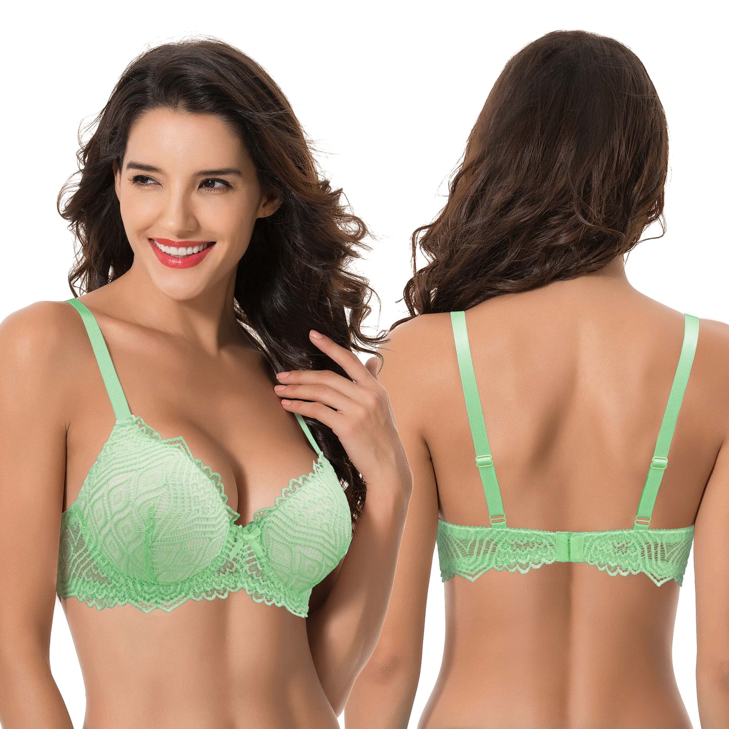 Women's Plus Size Push Up Add 1 Cup Underwire Perfect Shape Lace Bras-2PK-NUDE,LT-GREEN