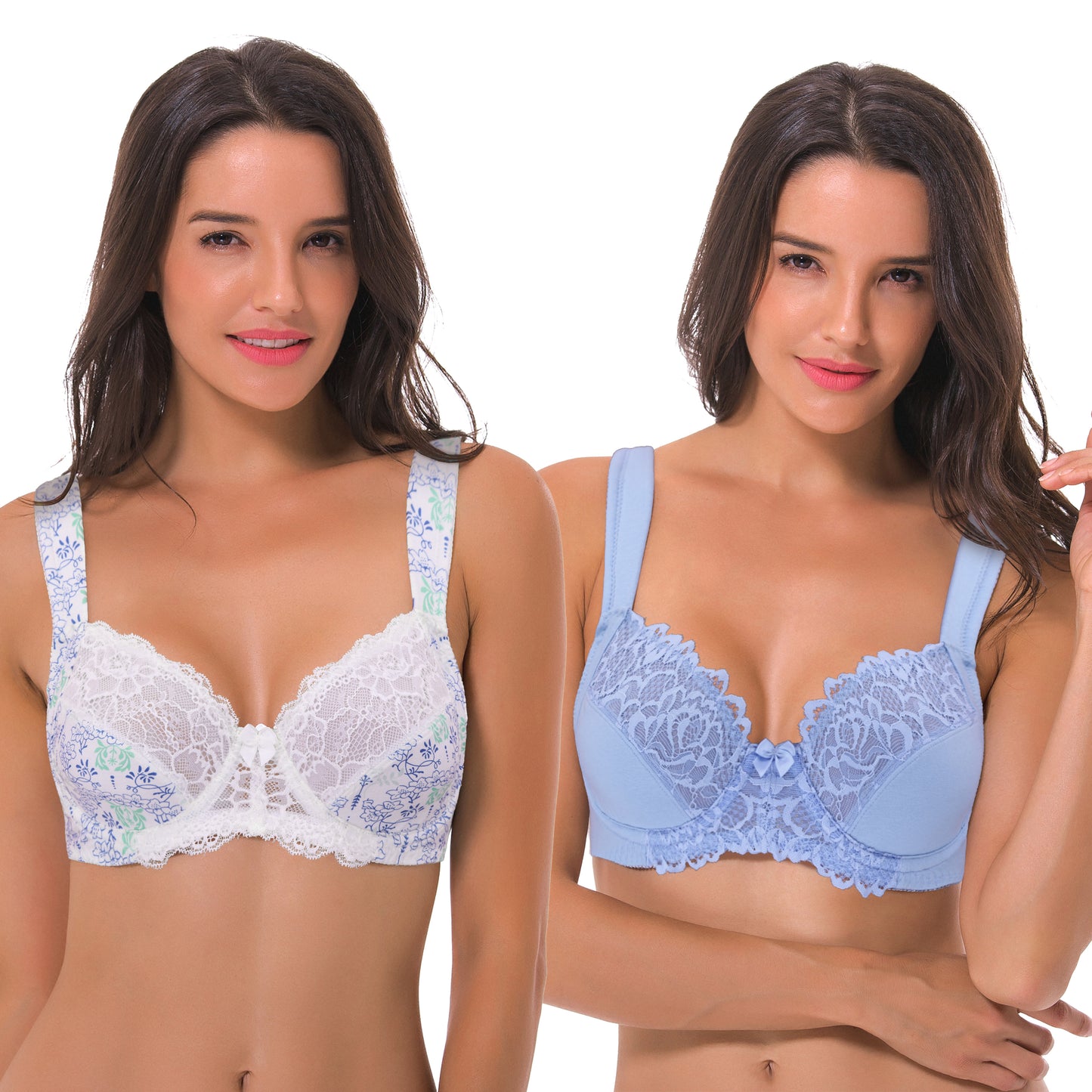 Women's Plus Size Unlined Underwire Lace Bra with Cushion Straps-2PK-White/Navy/Lt Blue,Blue