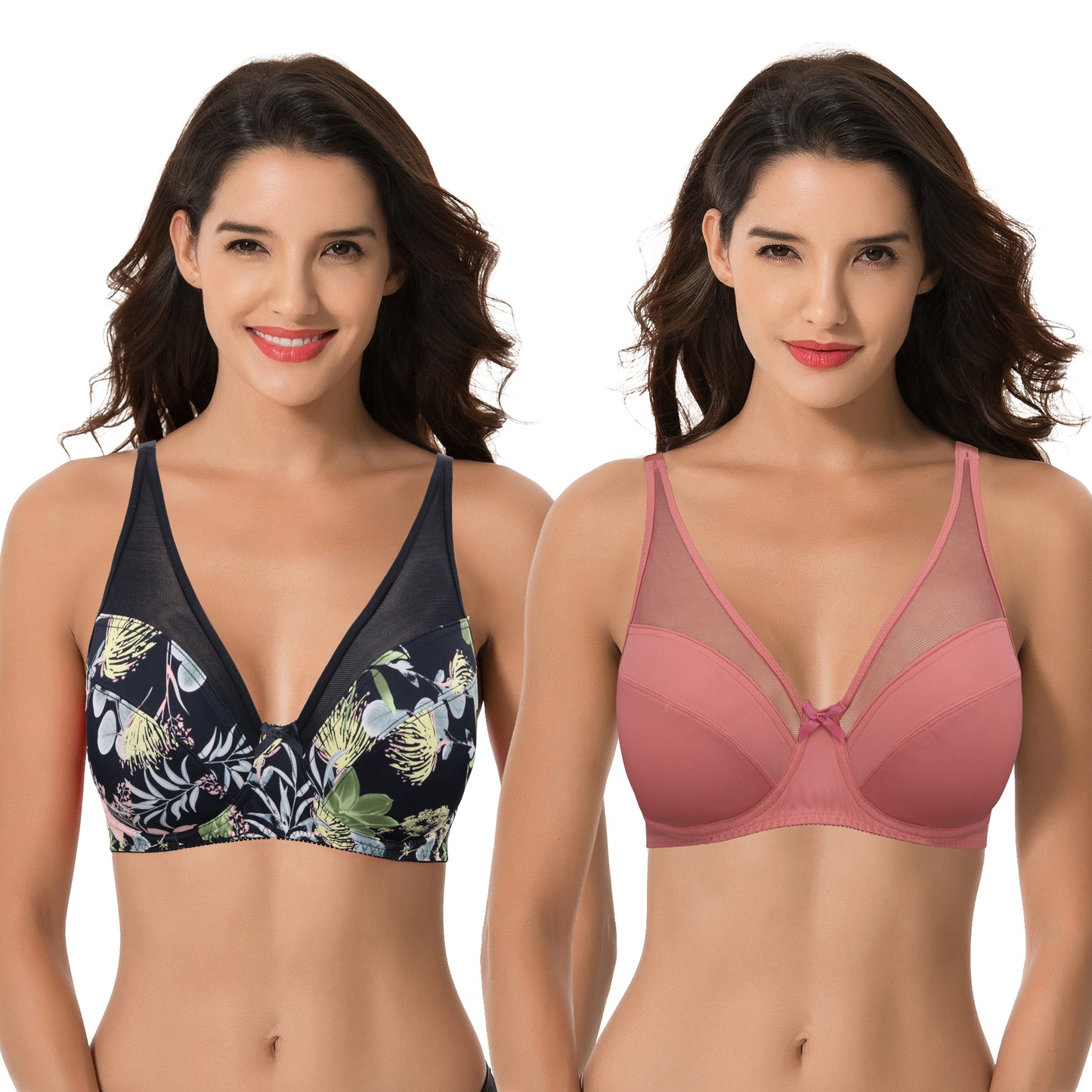 Plus Size Minimizer Underwire Bra with Floral and leopard Print-2pack