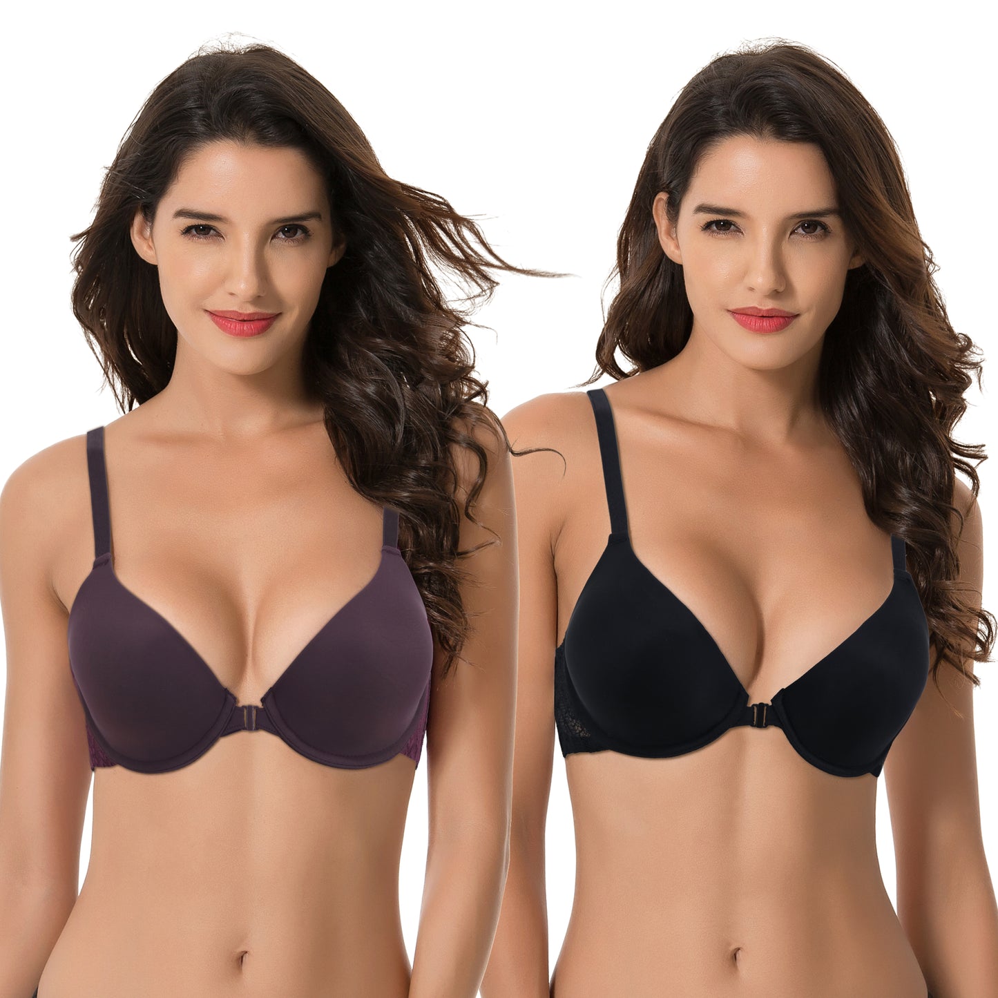 Women's Plus Size Full Coverage Underwire Front Close Bras-2PK-BLACK,PLUM