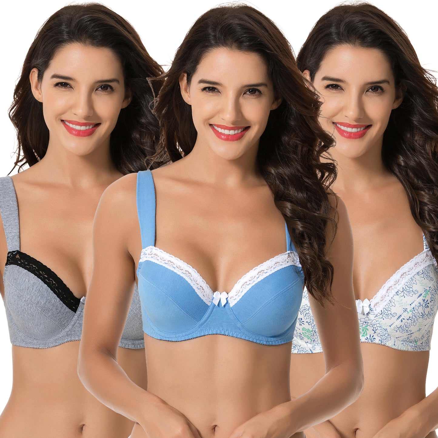 Women's Plus Size Underwired Unlined Balconette Cotton Bra-3Pack