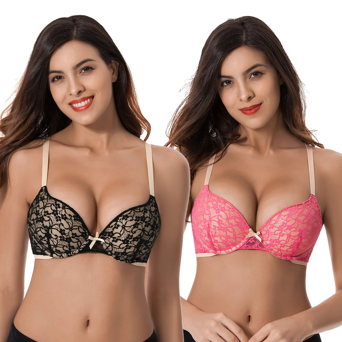 Women's Plus Size Perfect Shape Add 1 Cup Push Up Underwire Lace Bras-2Pk-Dk Pink,Black