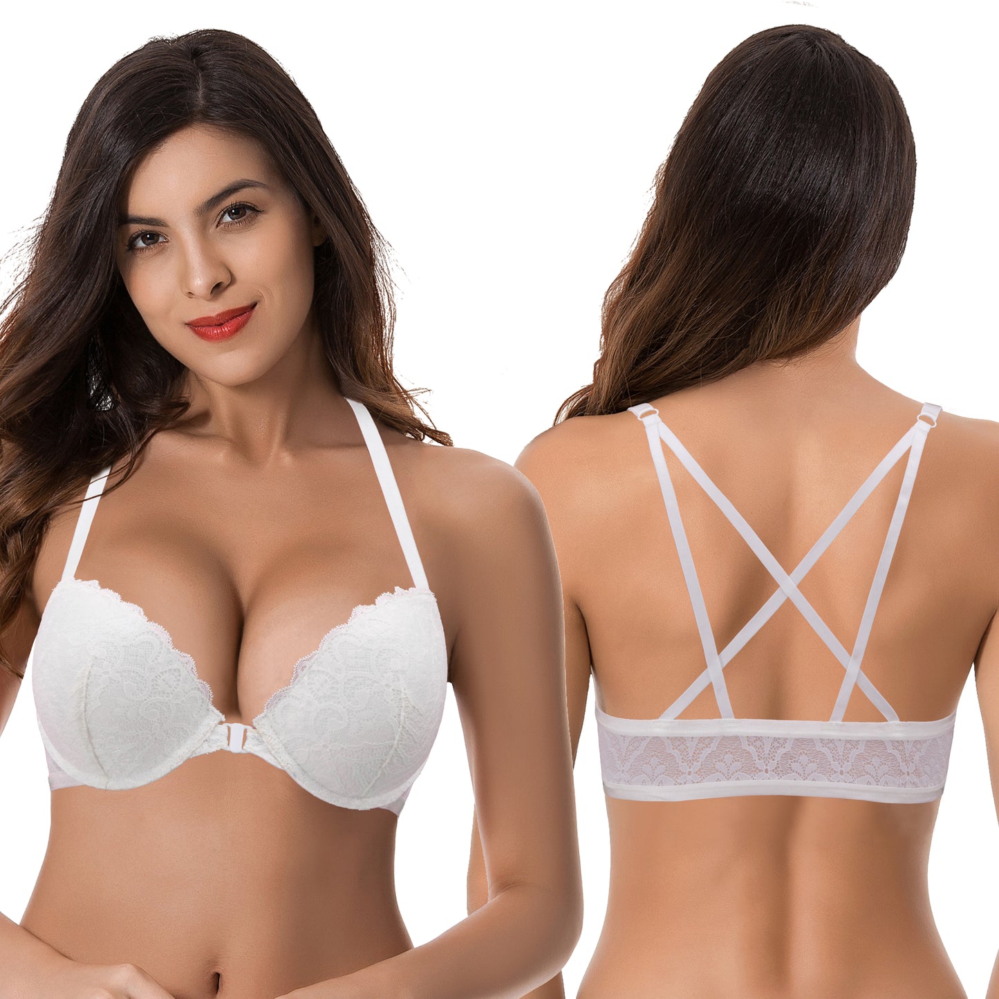 Women's Push Up Add 1 and a half Cup Underwire Halter Front Close Bras